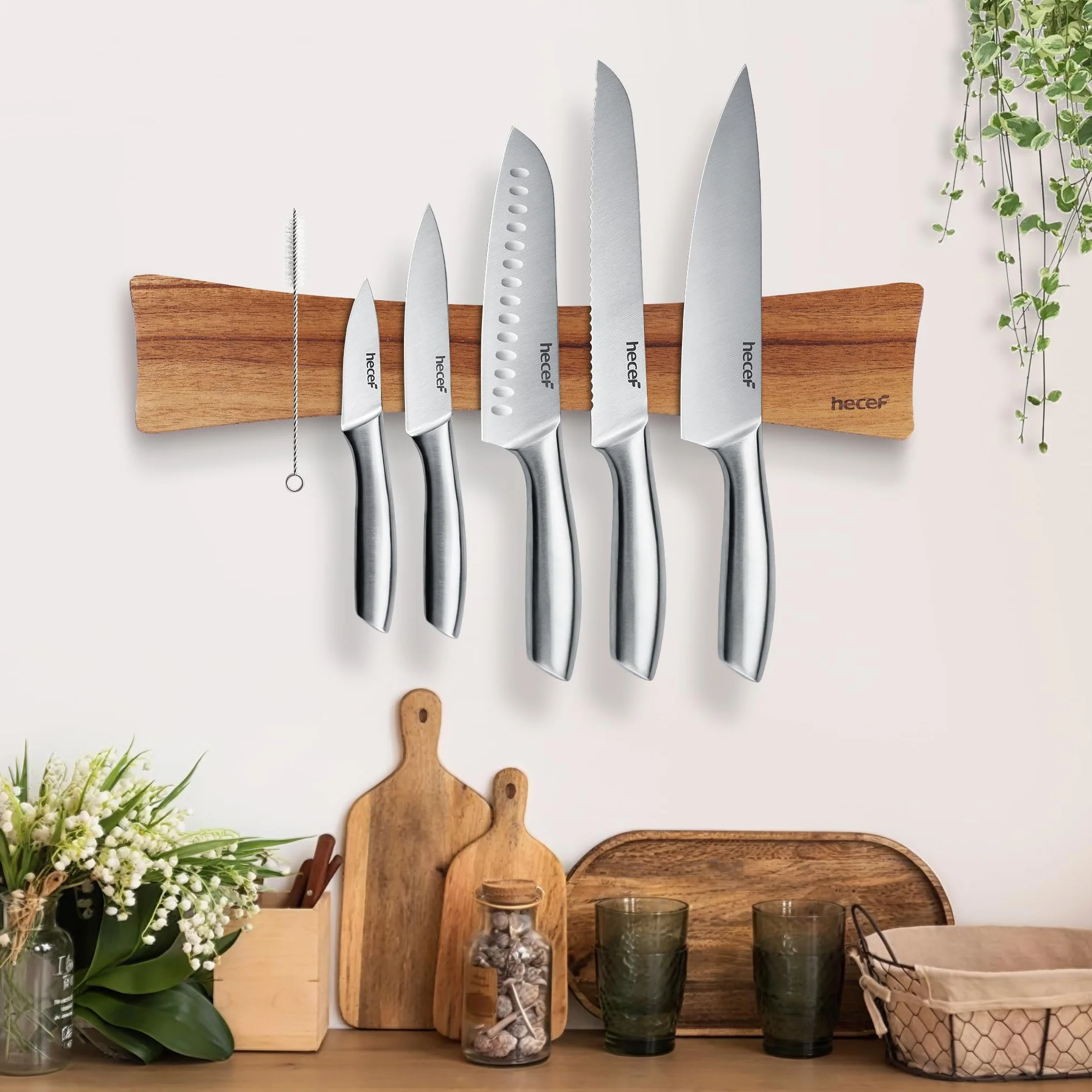 Barre Magnétique pour Couteaux en Bois Stable, Support Mural Aimanté 40,6 cm, Design Ailes de Papillon