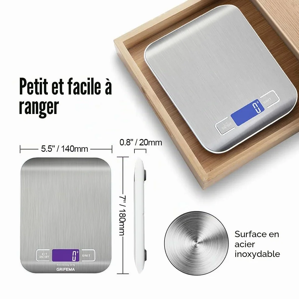 GRIFEMA GA2002 Balance de Cuisine Électronique 5000g/1g Acier Inoxydable Écran LCD