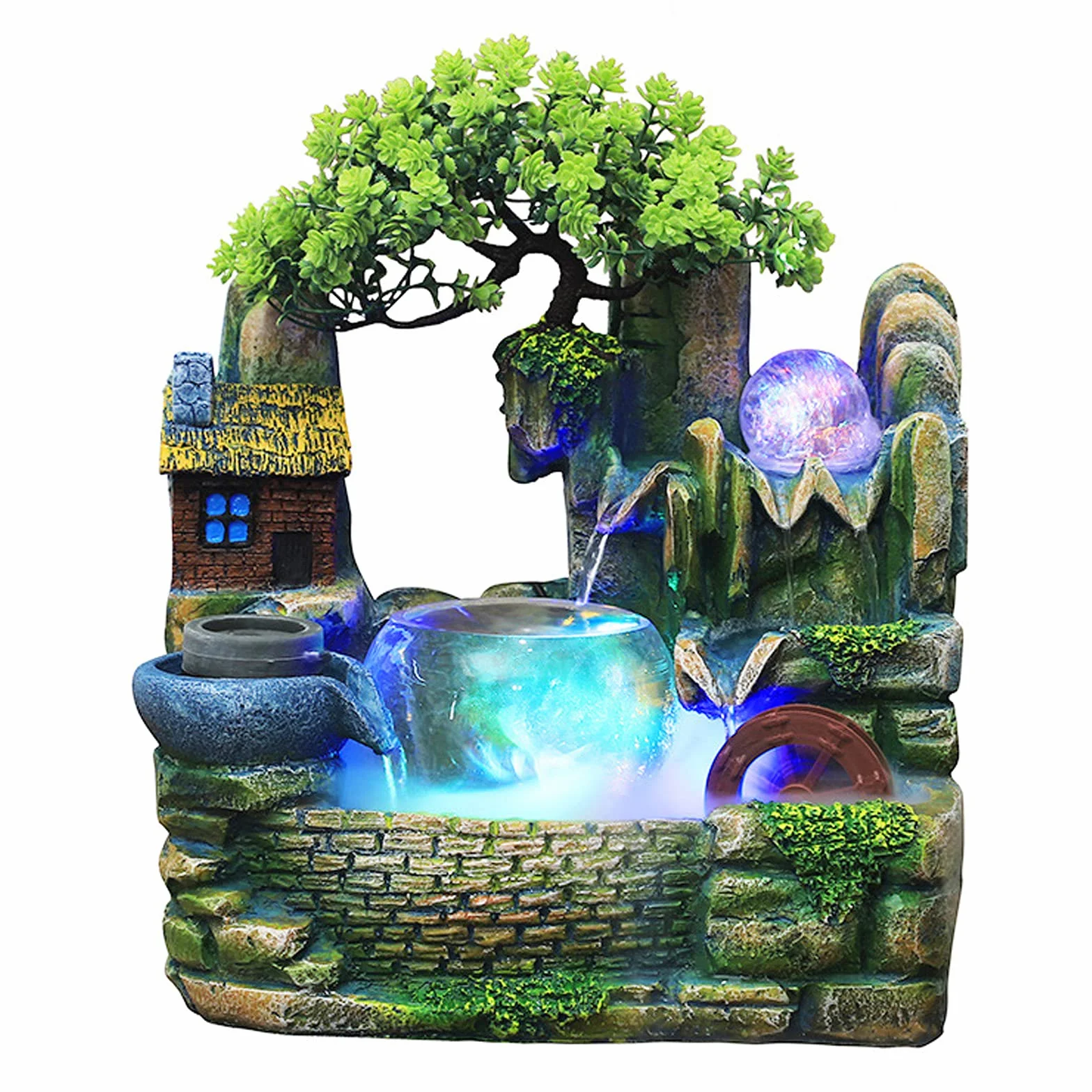 Fontaine d'intérieur avec brume et boule roulante, fontaine de table cascade zen résine