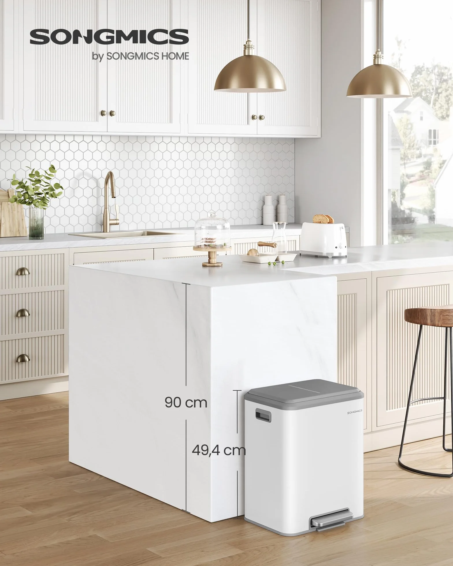 SONGMICS Poubelle de Cuisine Double 2x15L Recyclage Déchets Ménagers Acier Fermeture Douce Pédale Blanc