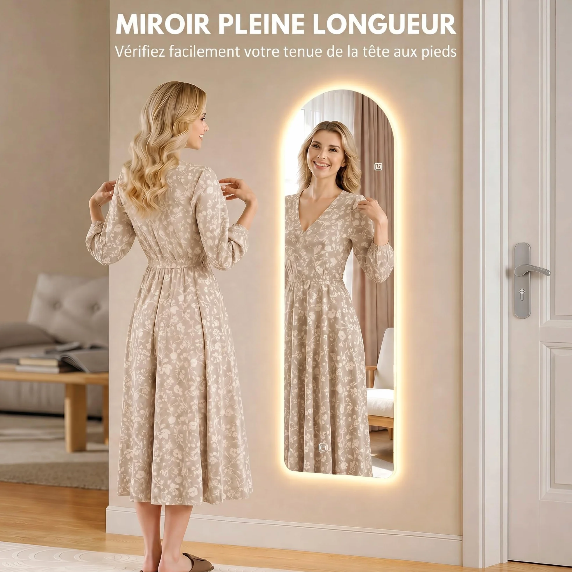 HOMCOM Grand Miroir Mural LED 120 x 40 cm Pleine Longueur arqué Anti-déflagrante intensité Variable 3 Couleurs
