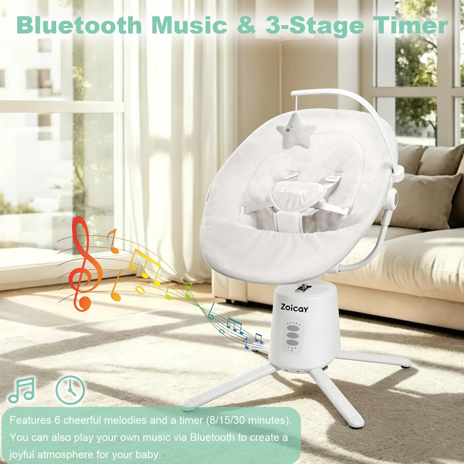 Transat Bébé Électrique Zoicay Balancelle 3 Modes Inclinaison Réglable Bluetooth Télécommande Blanc
