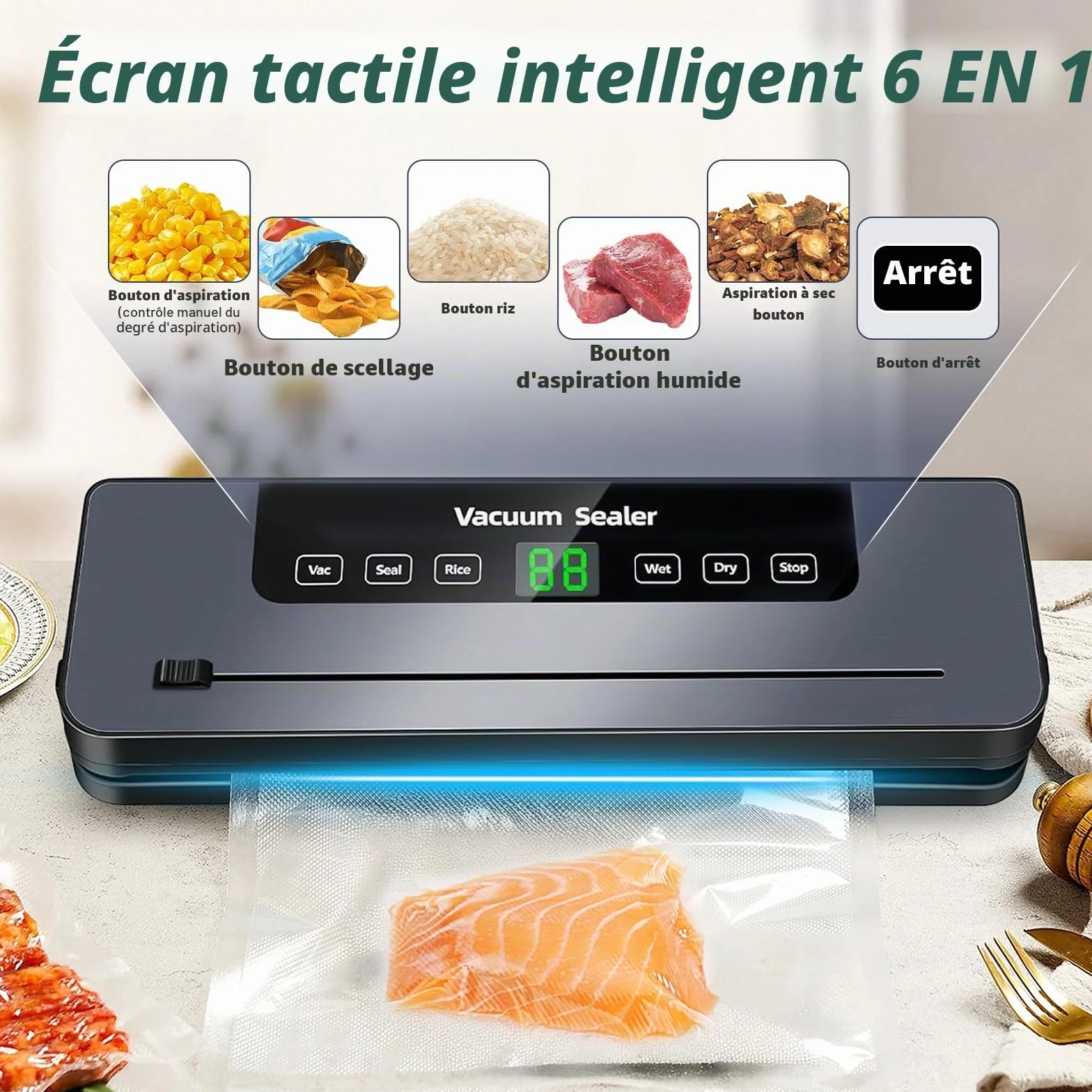 Machine Sous Vide Alimentaire 6 en 1, Multifonction avec 50 Sacs, Automatique Secs et Humides, Couteau Coupe et Tuyau