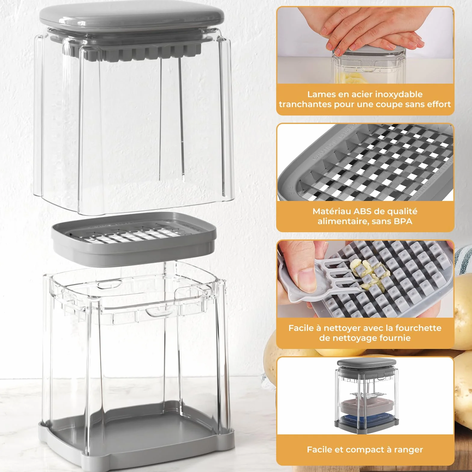 Coupe Frites Manuel, Coupe Frite Rapide avec 3 Lames en Acier Inoxydable, Gris