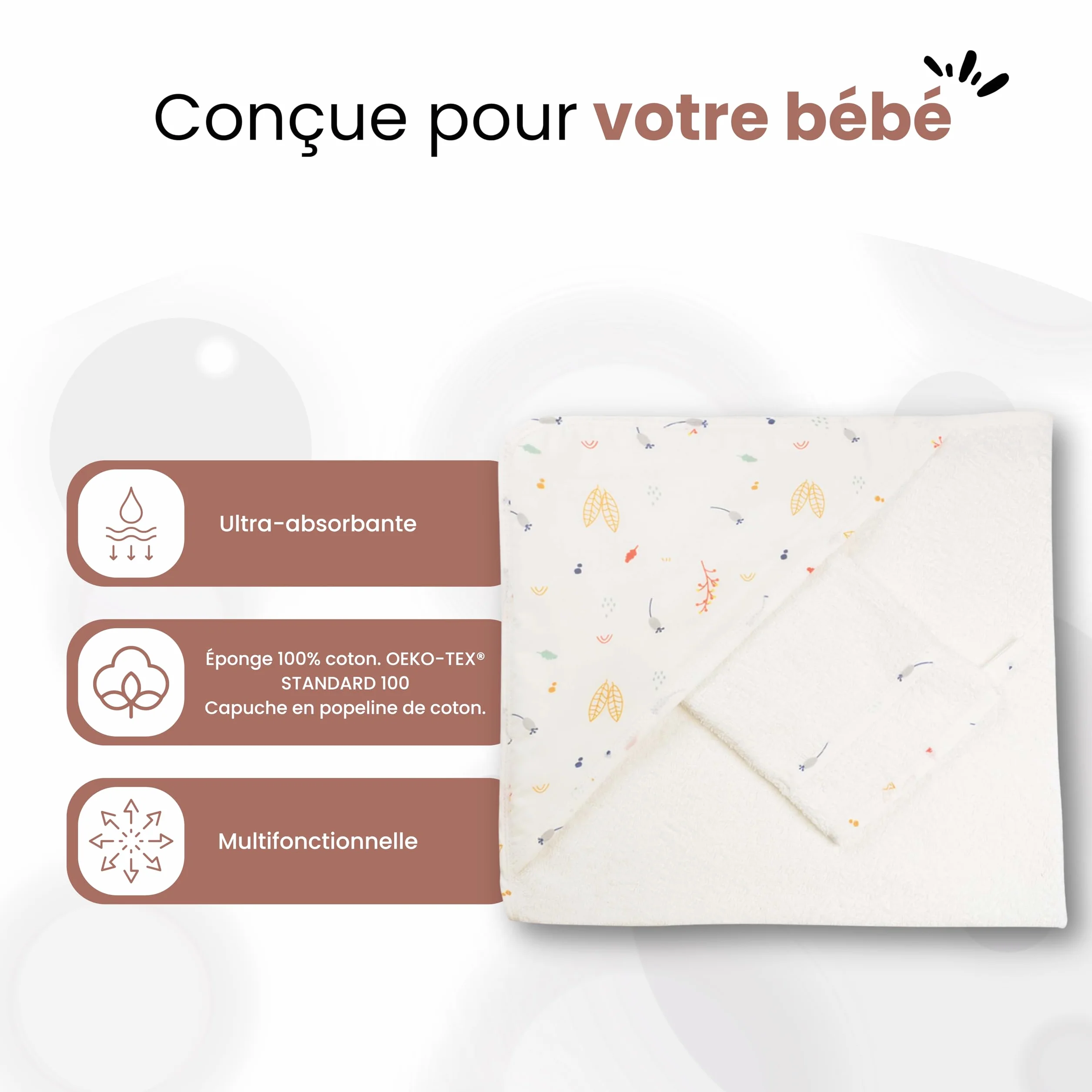 Trois Kilos Sept Set Bain Bébé Forêt Cape à Capuche Gant 100% Coton Oeko-TEX Standard 100 70x70 cm