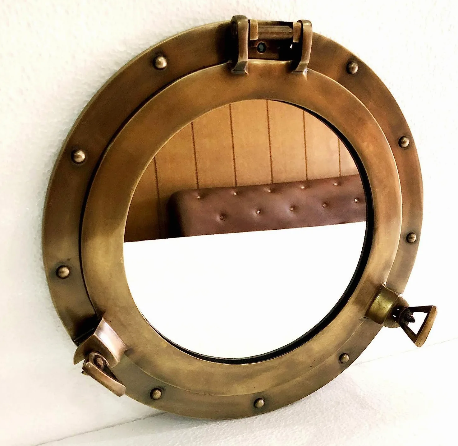 Miroir rond pour fenêtre de bateau Finition marron antique 30,5 cm
