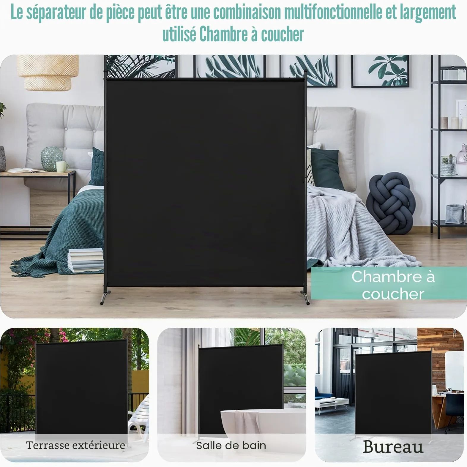 Angel Living Paravent 1 Panneaux Diviseurs de Chambre Séparateur de Panneaux Indépendant Paroi de Séparation Murale Séparation Visuelle pour Bureaux, Chambre à Coucher, 162 x 180cm (Noir)