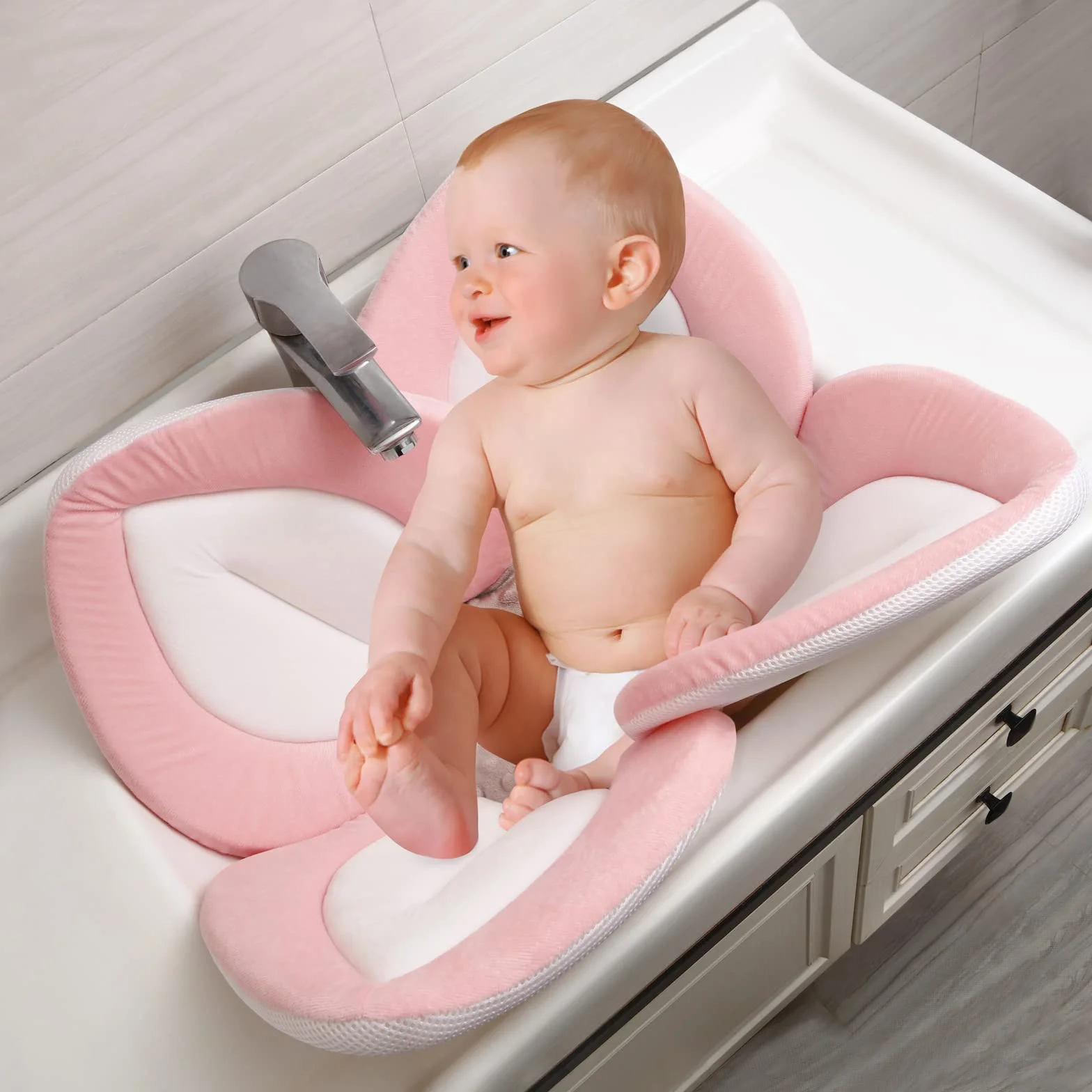 PandaEar Fleur de bain douce pour bébé lavabo portable siège tapis coussin soutien rose