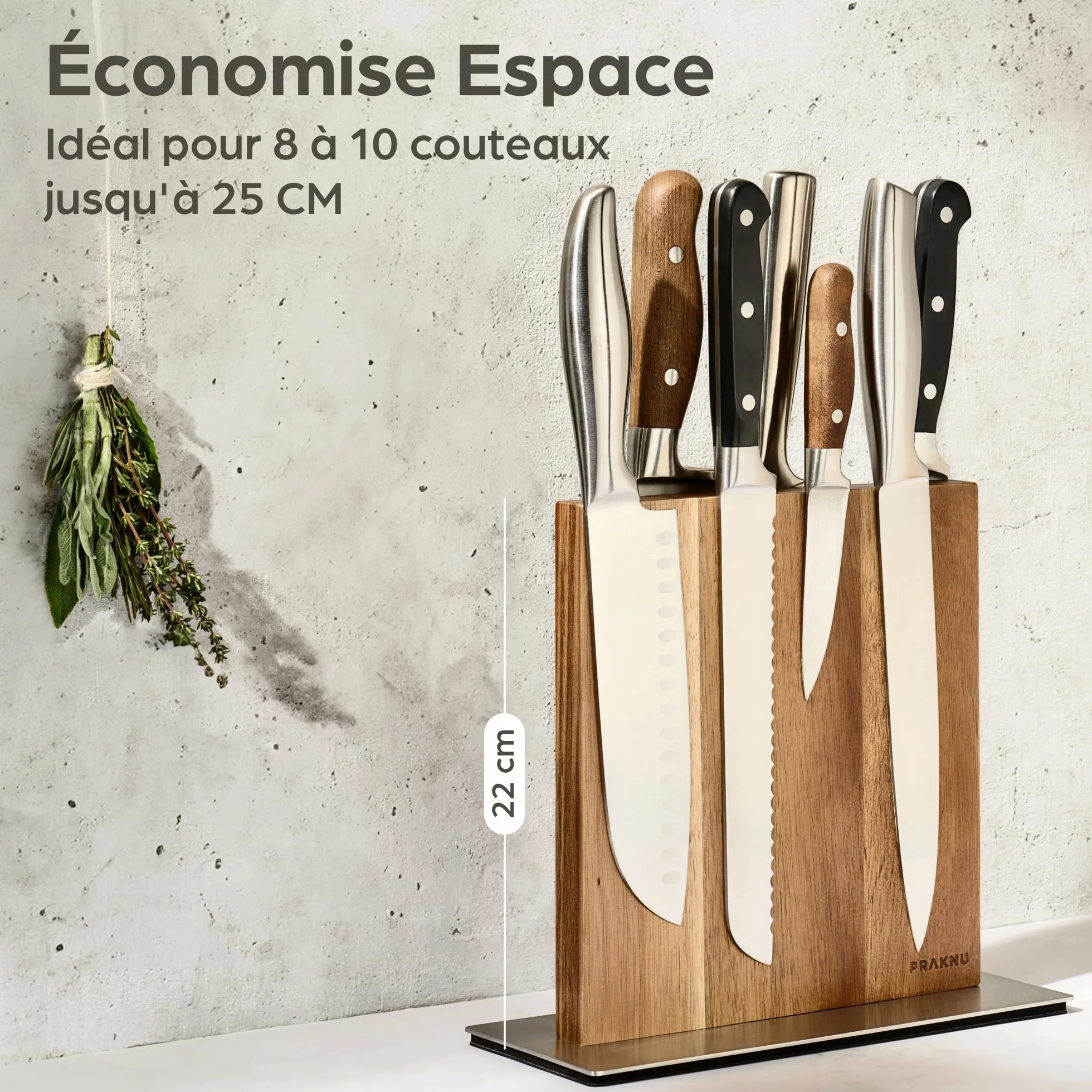 Bloc à Couteaux Aimanté Double Face en Bois d'Acacia FSC – Porte Couteaux de Cuisine – Magnetic Knife Holder – Rangement Couteaux