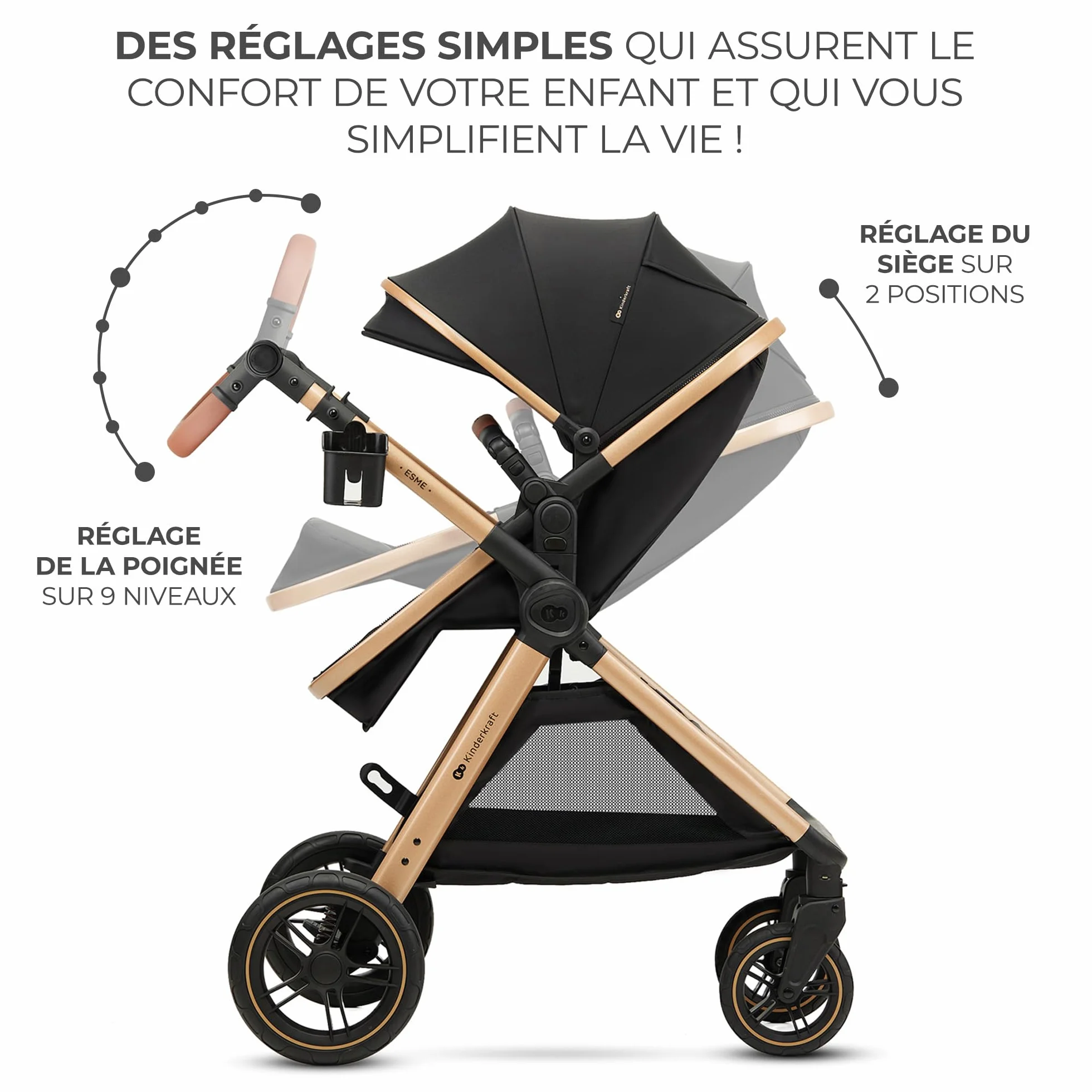 Kinderkraft ESME Poussette 3 en 1 avec porte-bébé Mink PRO I-Size, système de voyage, Noir