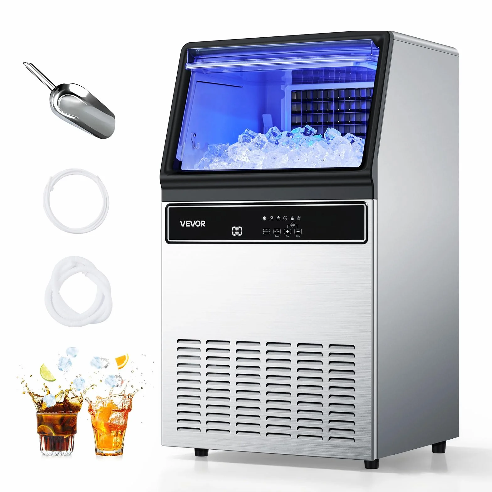VEVOR Machine à Glaçons Commerciale 54,4 kg/24 h, 15 kg Stockage, 45 Cubes/Cycle, Écran LED Nettoyage Automatique