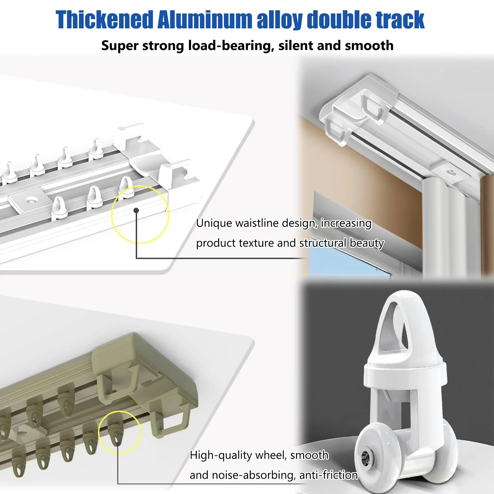 Tringle à rideaux silencieuse à rails à double rangée, rail rideaux plafond pour chambre à coucher, salon, rideaux occultants(Wit,2.2m(7.2ft))