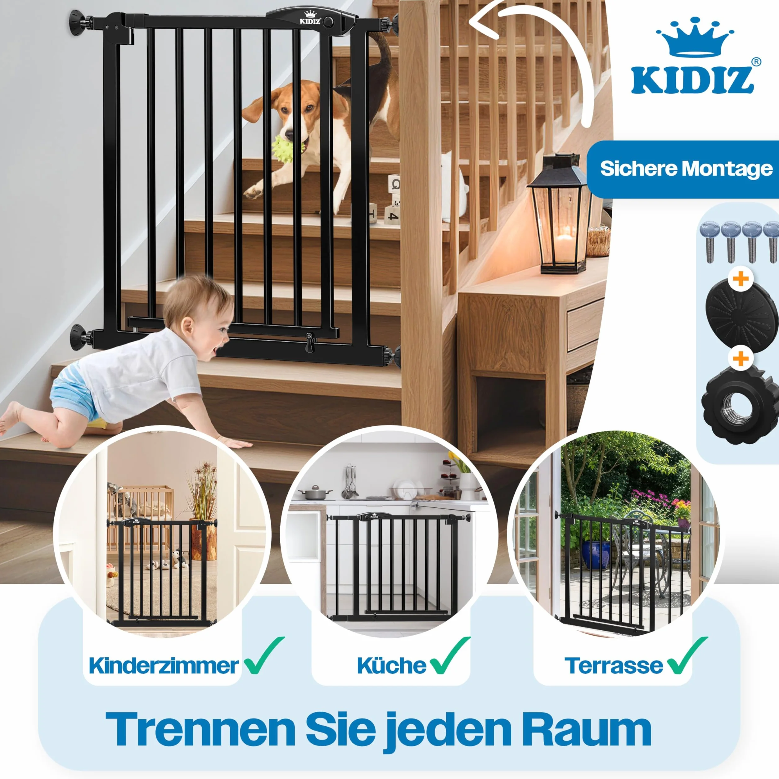 Barrière de sécurité d'escalier KIDIZ sans perçage 88-94 cm 75 cm pour enfants et chiens ouverture une main