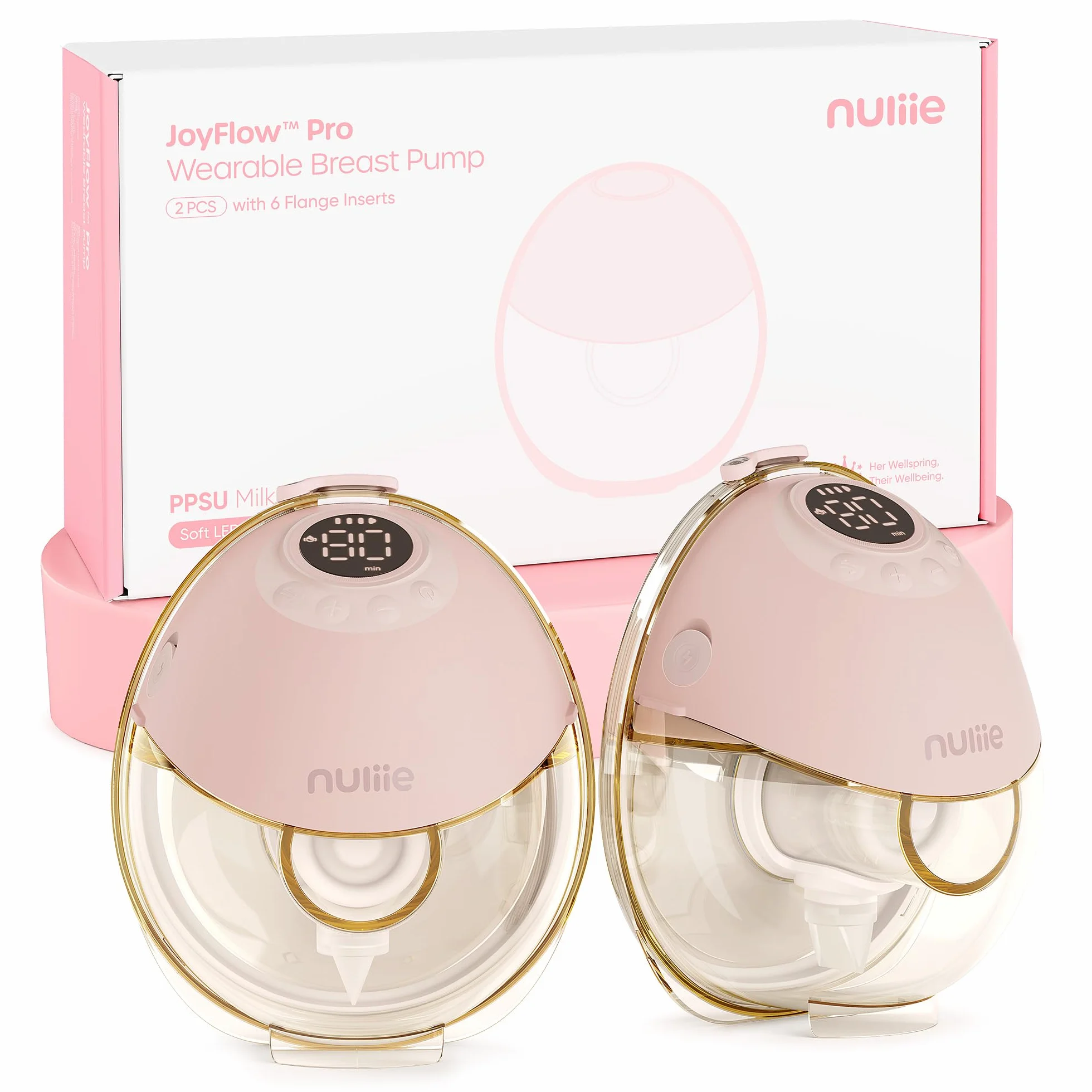 Nuliie JoyFlow Pro Tire-lait portable mains libres avec veilleuse, collecteur PPSU sans BPA, 4 modes 12 niveaux, téterelle 24 mm, inserts 17/19/21 mm, lot de 2 Rose