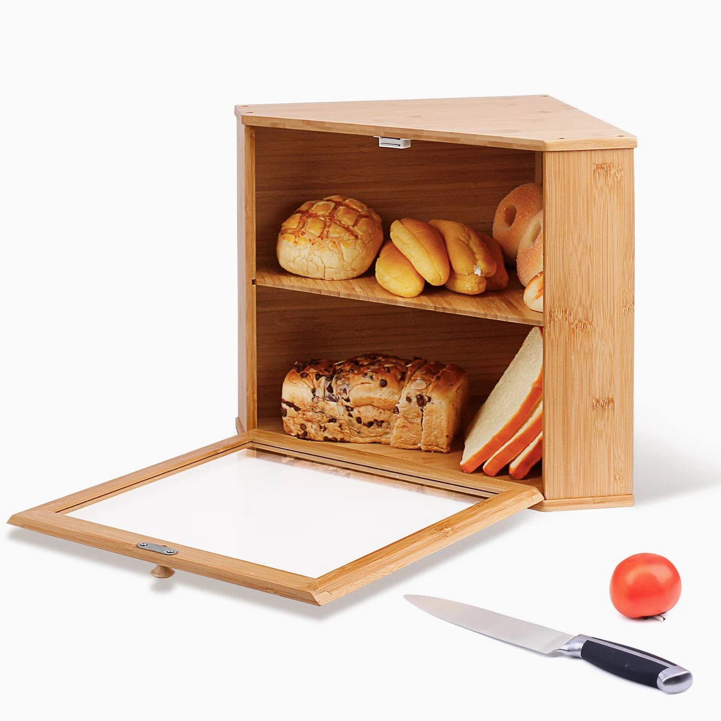 Leader Accessories Boîte à Pain en Bambou 2 Étages d’Angle | Boîte à pain en bambou à 2 étages, design d’angle compact pour pains, baguettes et viennoiseries
