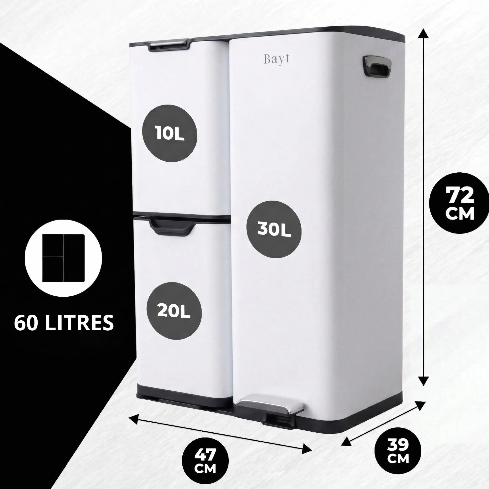 Poubelle Tri Selectif Cuisine 60L Inox 3 Compartiments Anti Odeur Pédale Blanc