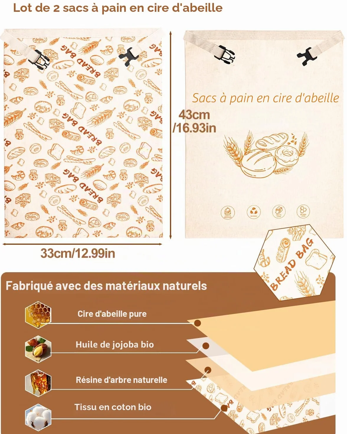 Sacs à Pain en Cire d'Abeille 43x33 cm Réutilisable en Coton Conservation Pain au Levain Baguette