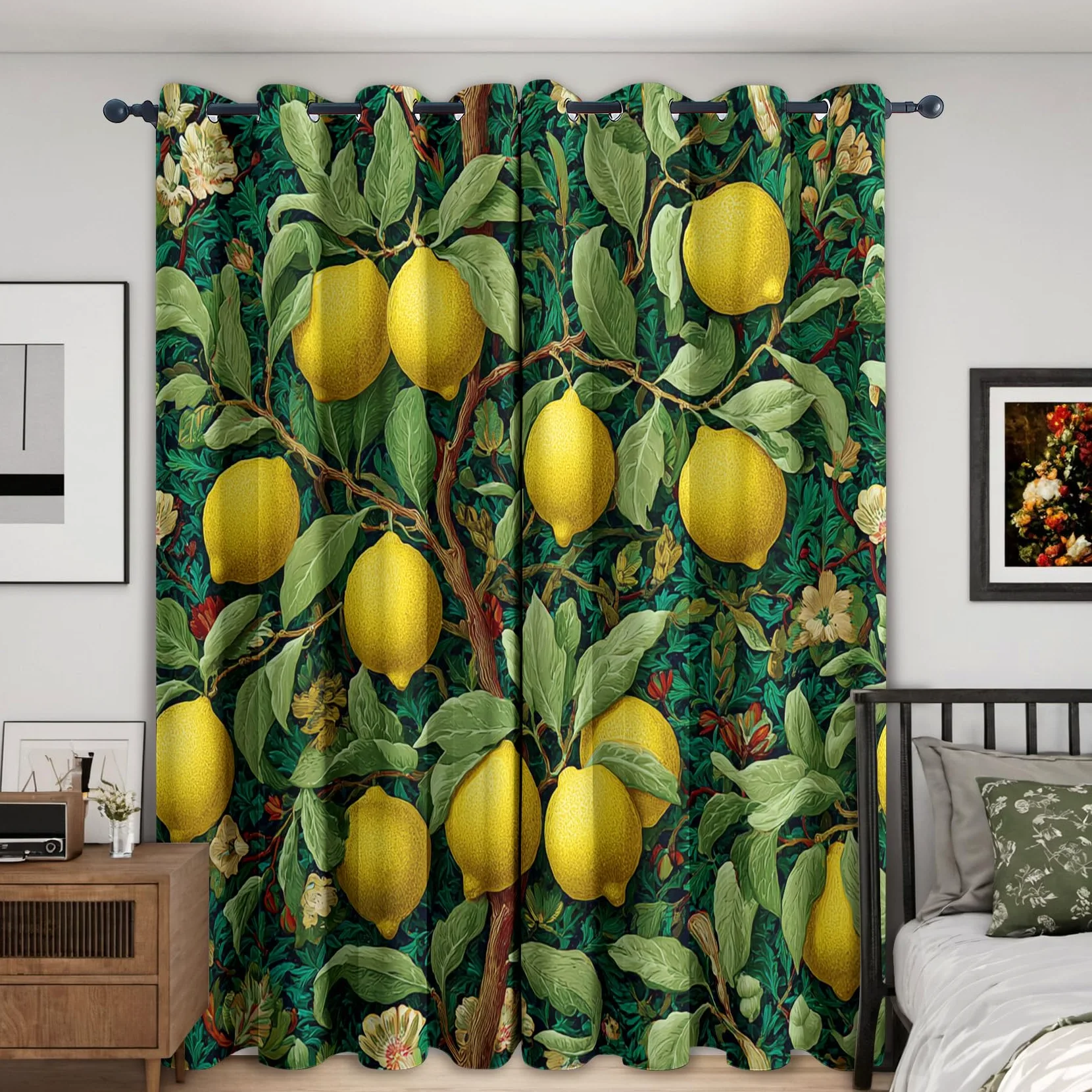 Rideau Citron Occultant Motif Vintage Fruit Arbre Rideaux Chambre Salon Cuisine 140 x 245 cm, Oeillets Rail Rideaux Occultants Thermique