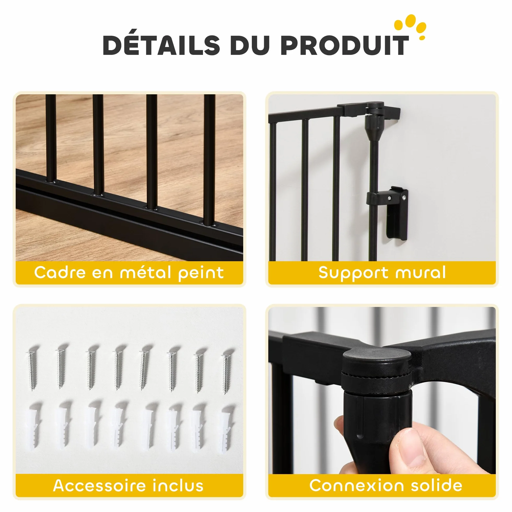 PawHut Barrière de sécurité Parc enclos Chien modulable Pliable Porte intégrée 300L x 74,5H cm métal PP Noir
