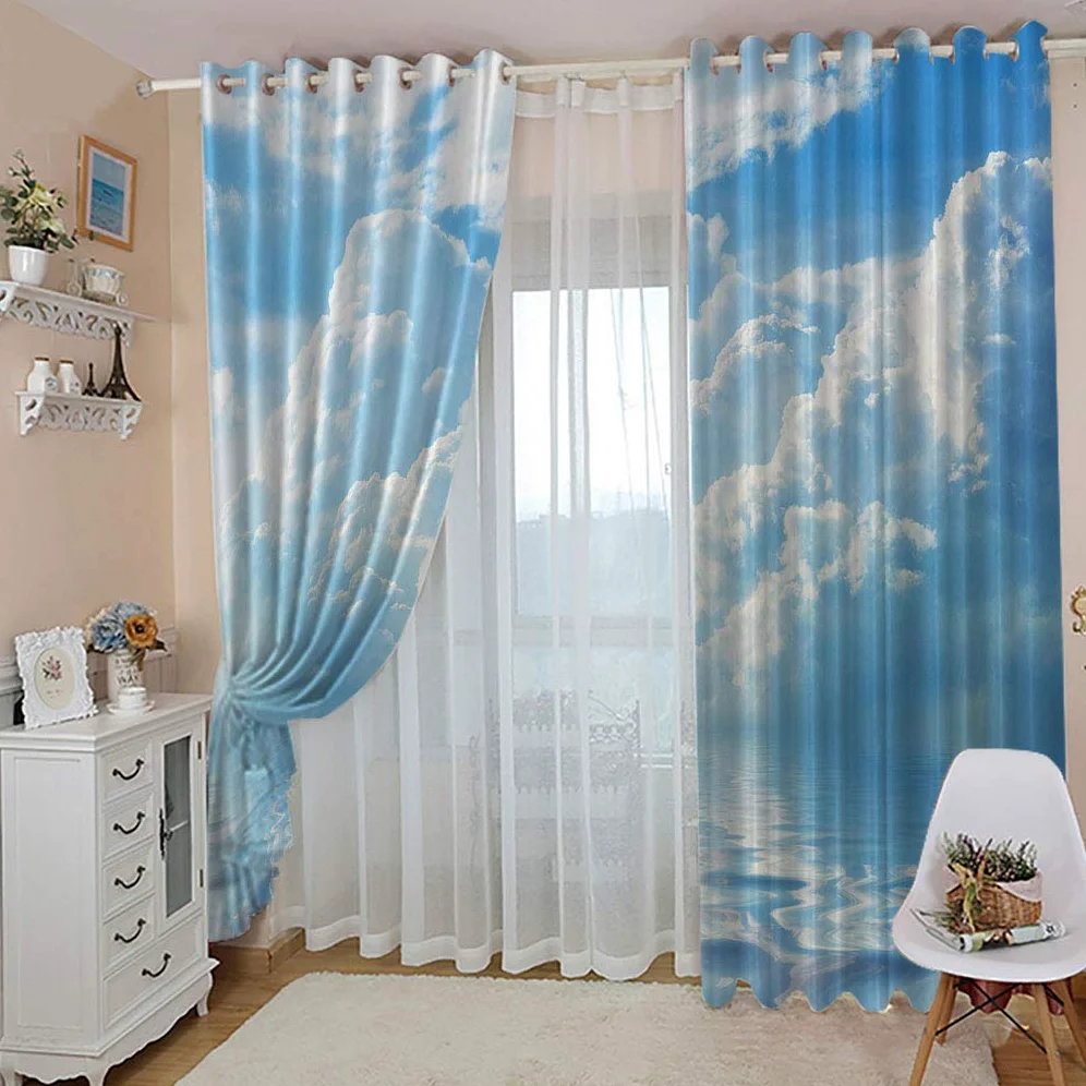 Rideaux Et Draperies Intérieurs 3D Ciel Bleu Nuage Blanc Paysage Motif Rideau Occultant À Oeillets Decoration Salon Chambre Maison pour Enfant Adulte 2 Pièces 280x160Cm Design Moderne Imprimé