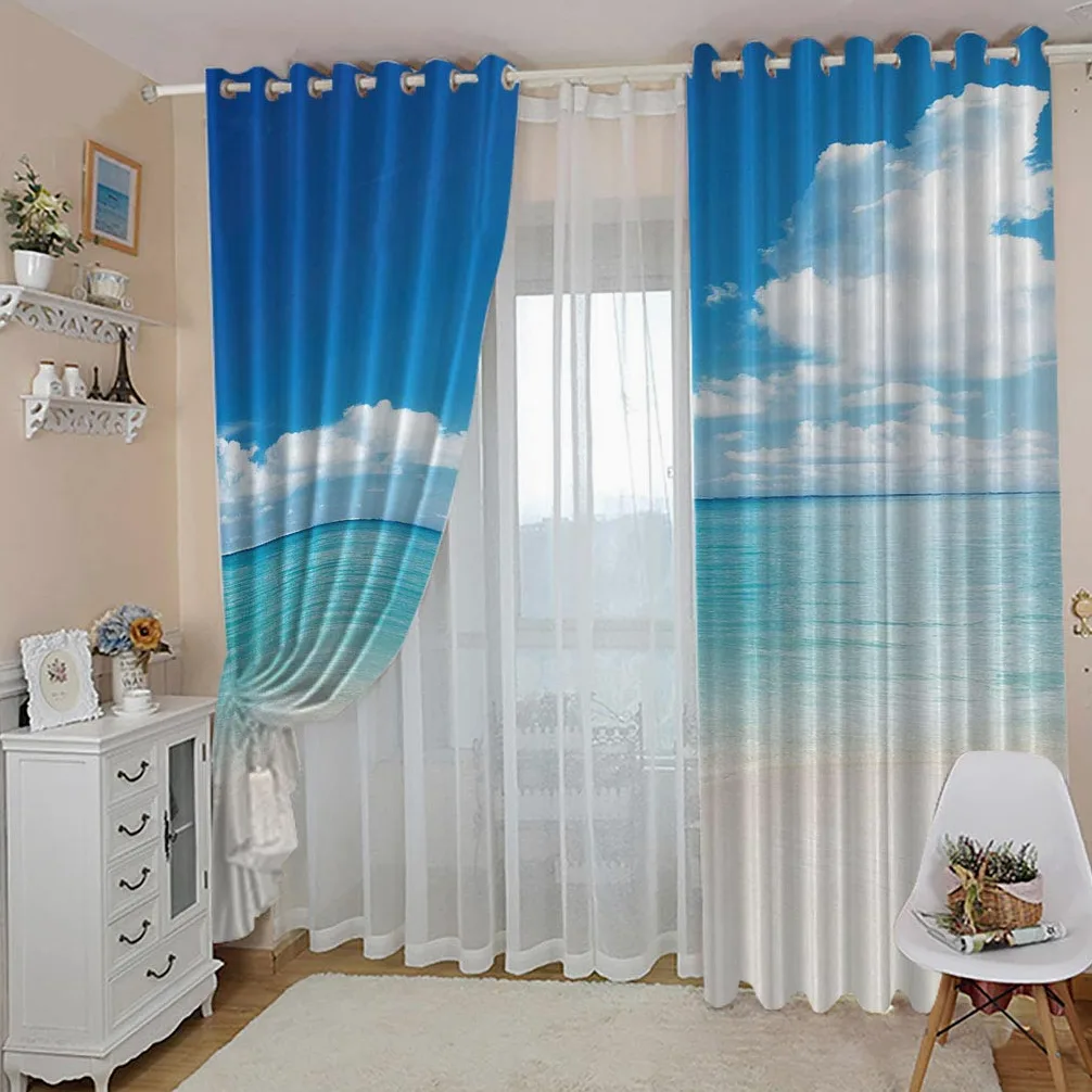 Rideaux Et Draperies Intérieurs 3D Ciel Bleu Nuage Blanc Vue Mer Motif Rideau Occultant À Oeillets Decoration Salon Chambre Maison pour Enfant Adulte 2 Pièces 280x160Cm Design Moderne Imprimé
