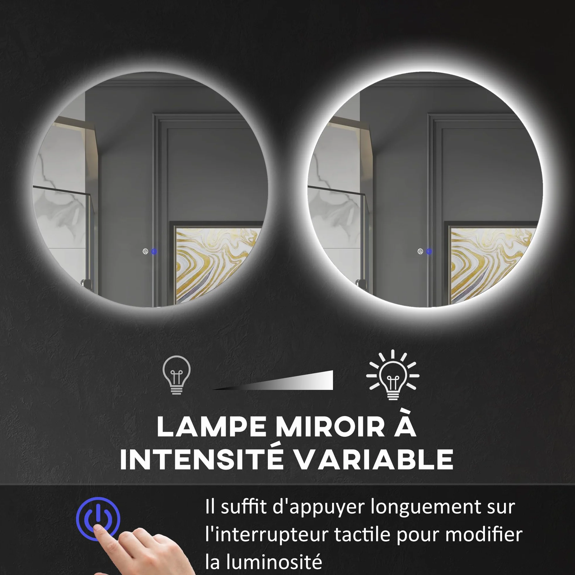 Kleankin Miroir Rond Lumineux LED Mural Salle de Bain 80 cm Interrupteur Tactile Antibuée Luminosité Réglable 20,5W+26W Blanc Argent