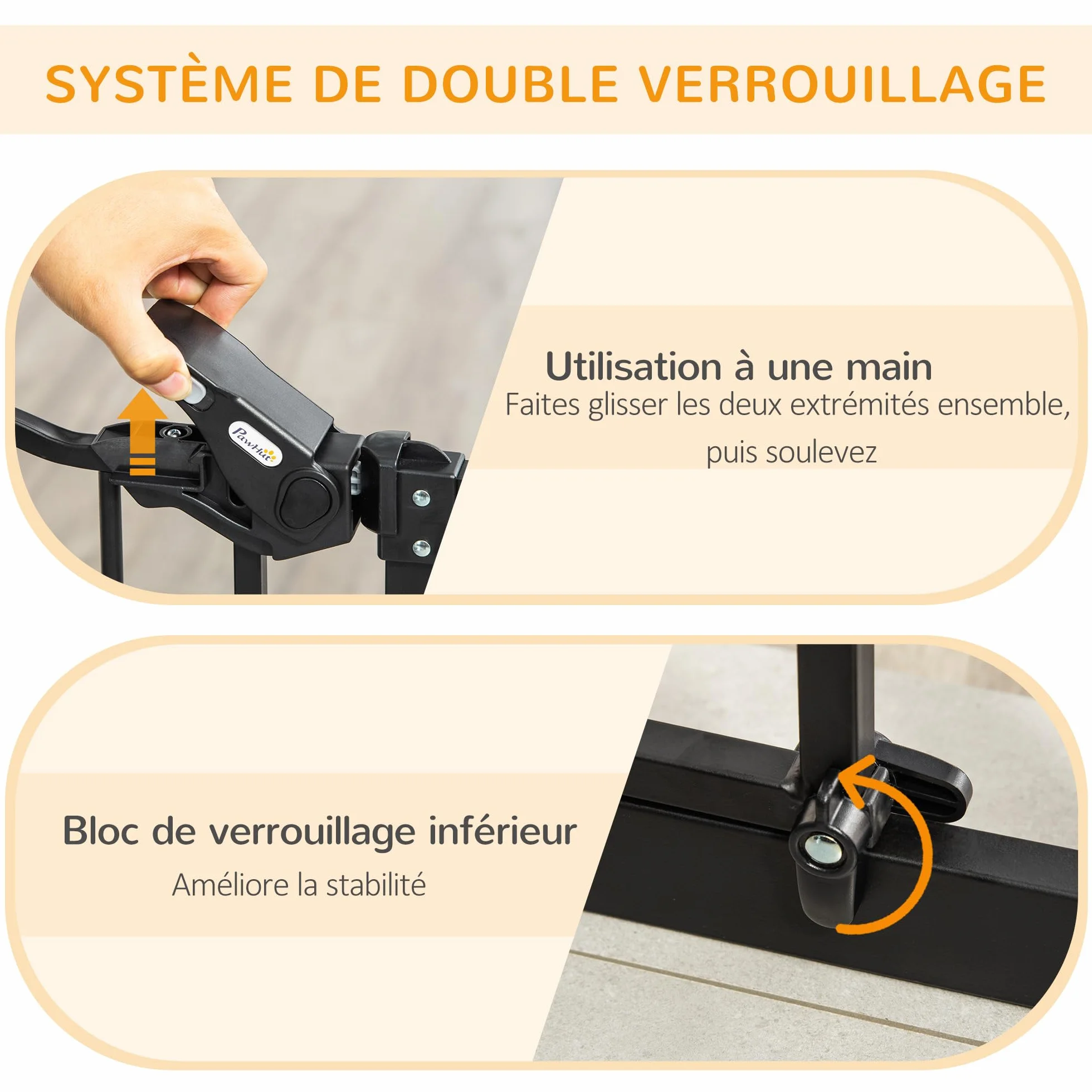 PawHut Barrière de sécurité Animaux 104 cm Haute avec Porte Chat Fermeture Automatique Double Verrouillage Acier Noir