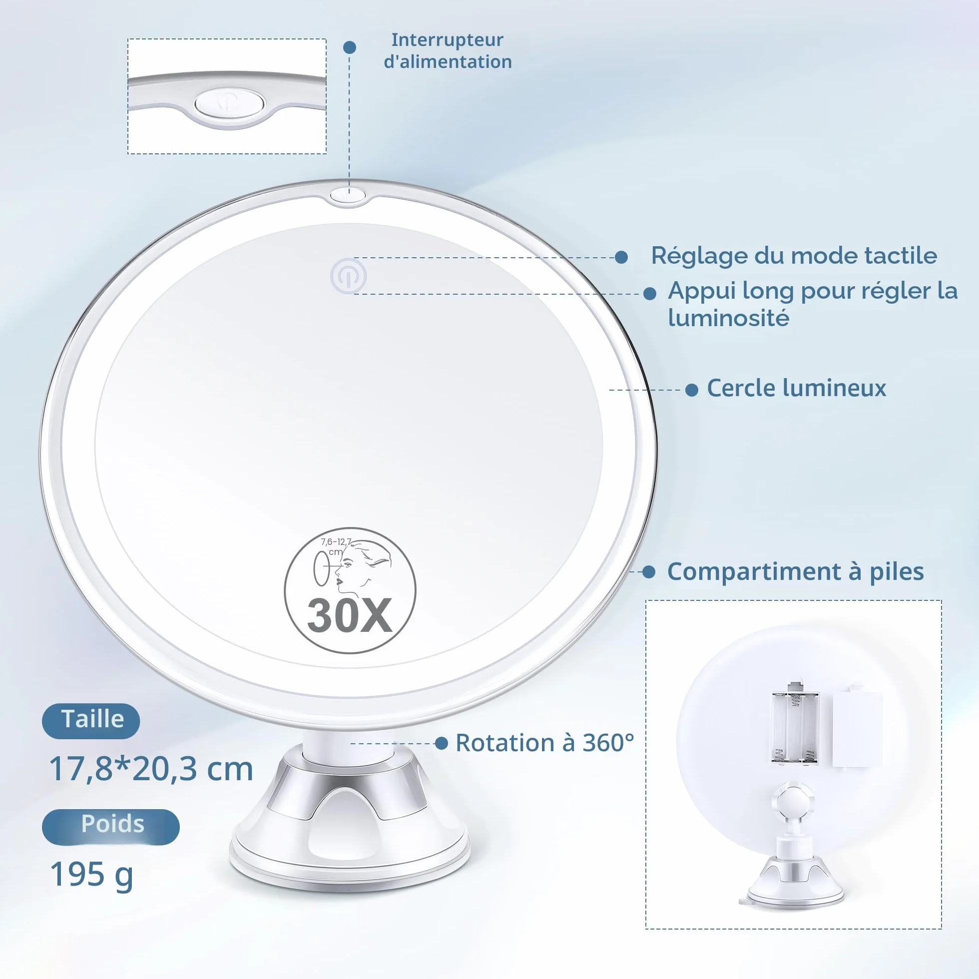 Miyadiva Miroir Grossissant 30X Lumière, Miroir Salle de Bain Ventouse 20cm, 3 Modes Couleurs Luminosité Ajustable