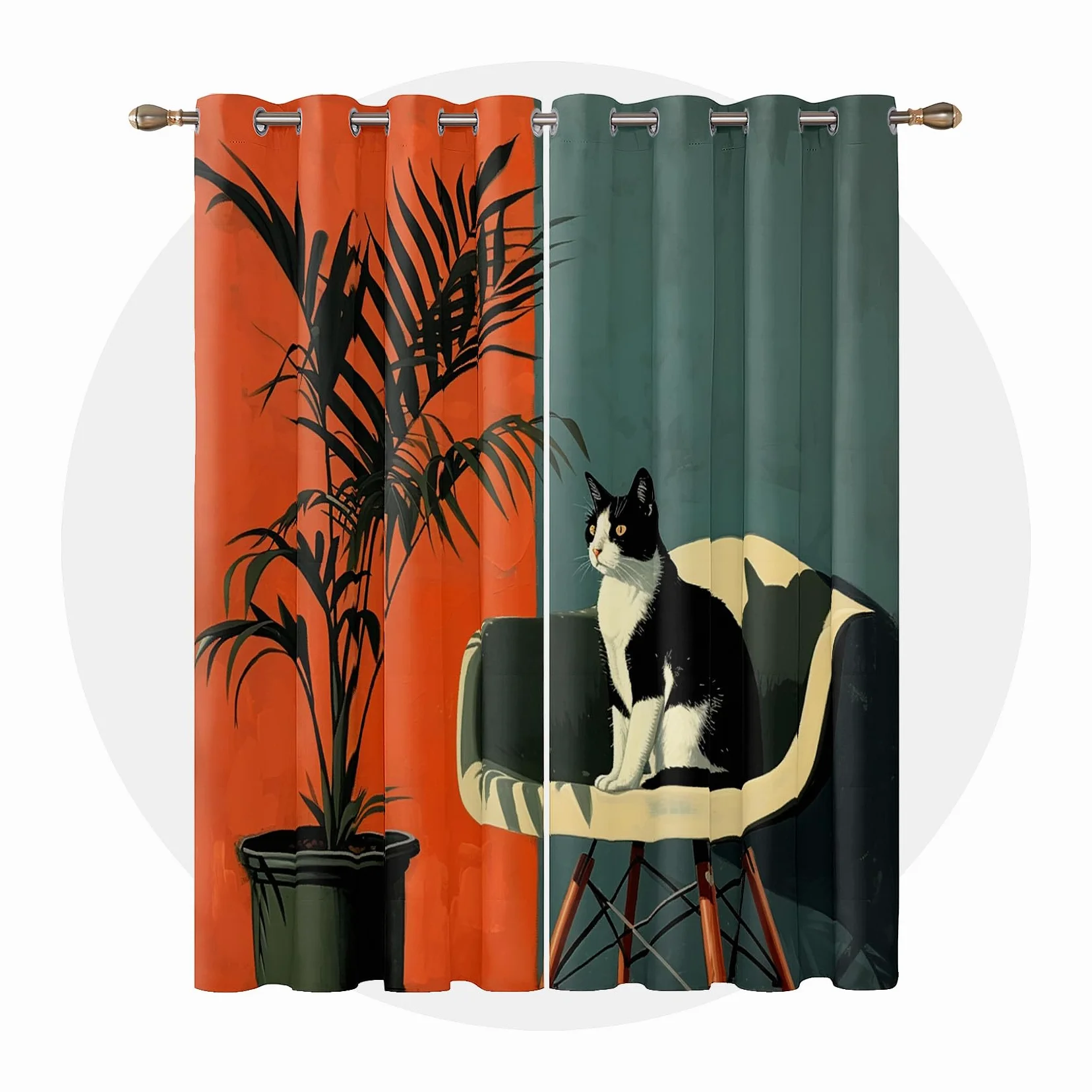 Rideau Occultant Chat - Rideau Thermique Motif Bloc de Couleur Vertes Orange Brûlé, Rideaux Chambre Salon Fenetre, Lot de 2 Rideaux et Draperies Intérieurs à Oeillets, 117x183 cm (LxH) N#-125