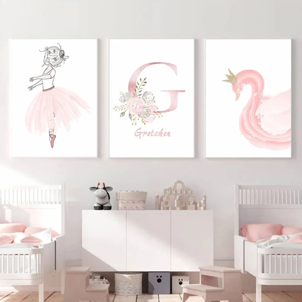 3 Affiches Chambre Bebe Fille Cygne Rose Tableau 30x40 Poster Prenom Personnalisé Mural Enfant Deco sans Cadre
