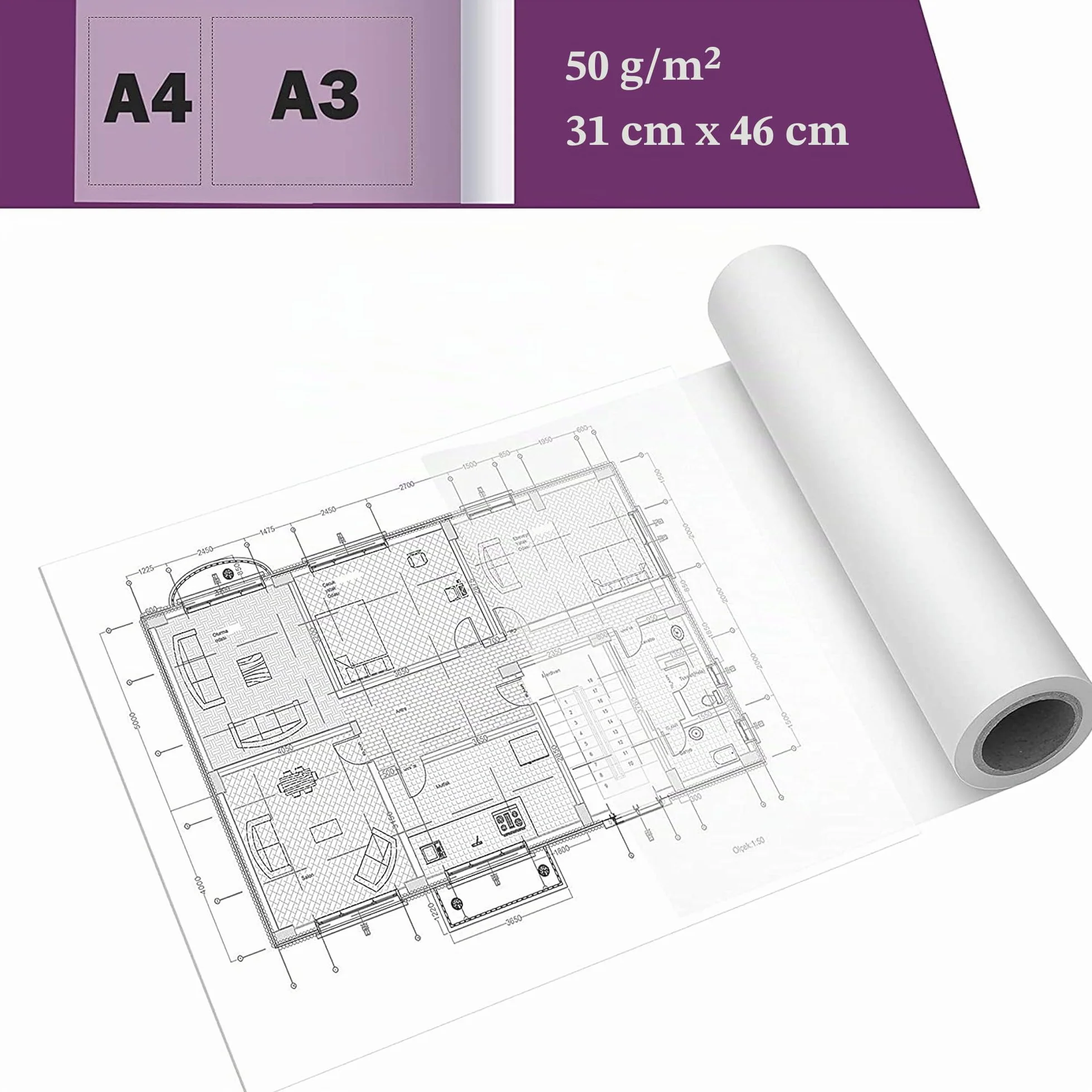 TRITART Papier Calque en Rouleau 40 cm x 50 m 50 g/m Transparent Grand Format