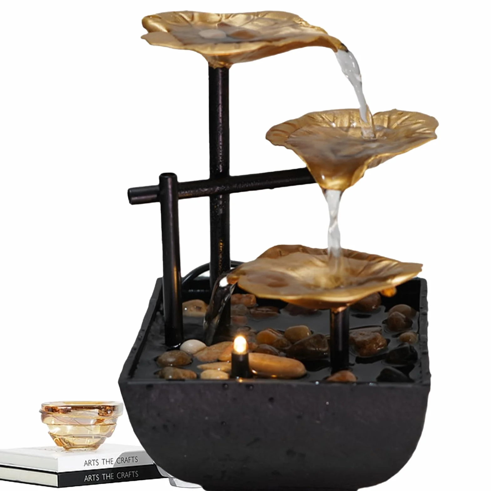 Fontaine de Bureau Métal LED Moderne Décor Table Zen Cascade Eau Courante Or