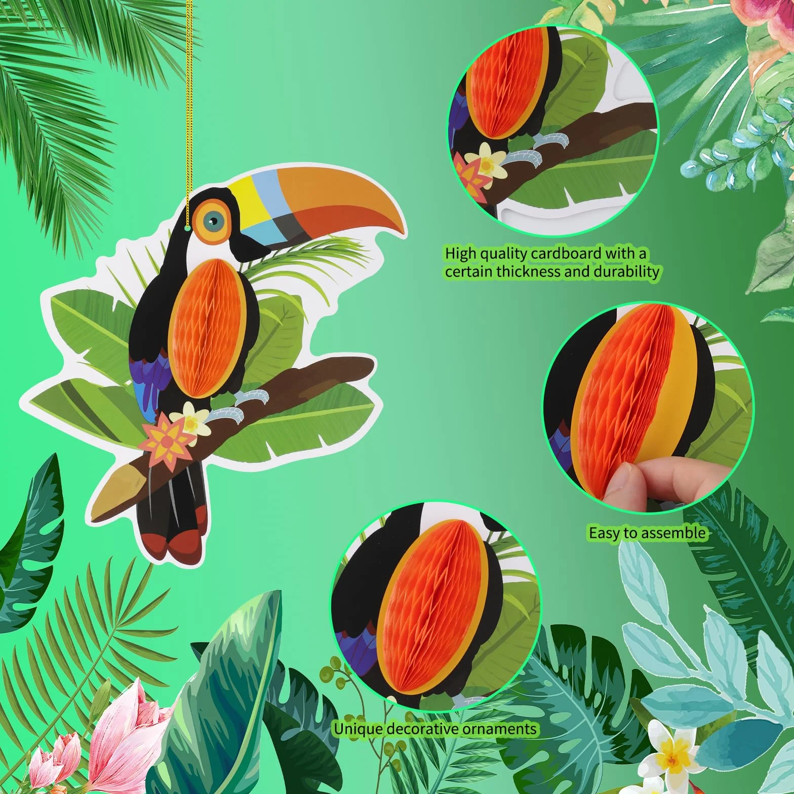 Lot de 6 découpes en papier nid d'abeille oiseaux tropicaux, perroquet hawaïen, décoration fête forêt tropicale
