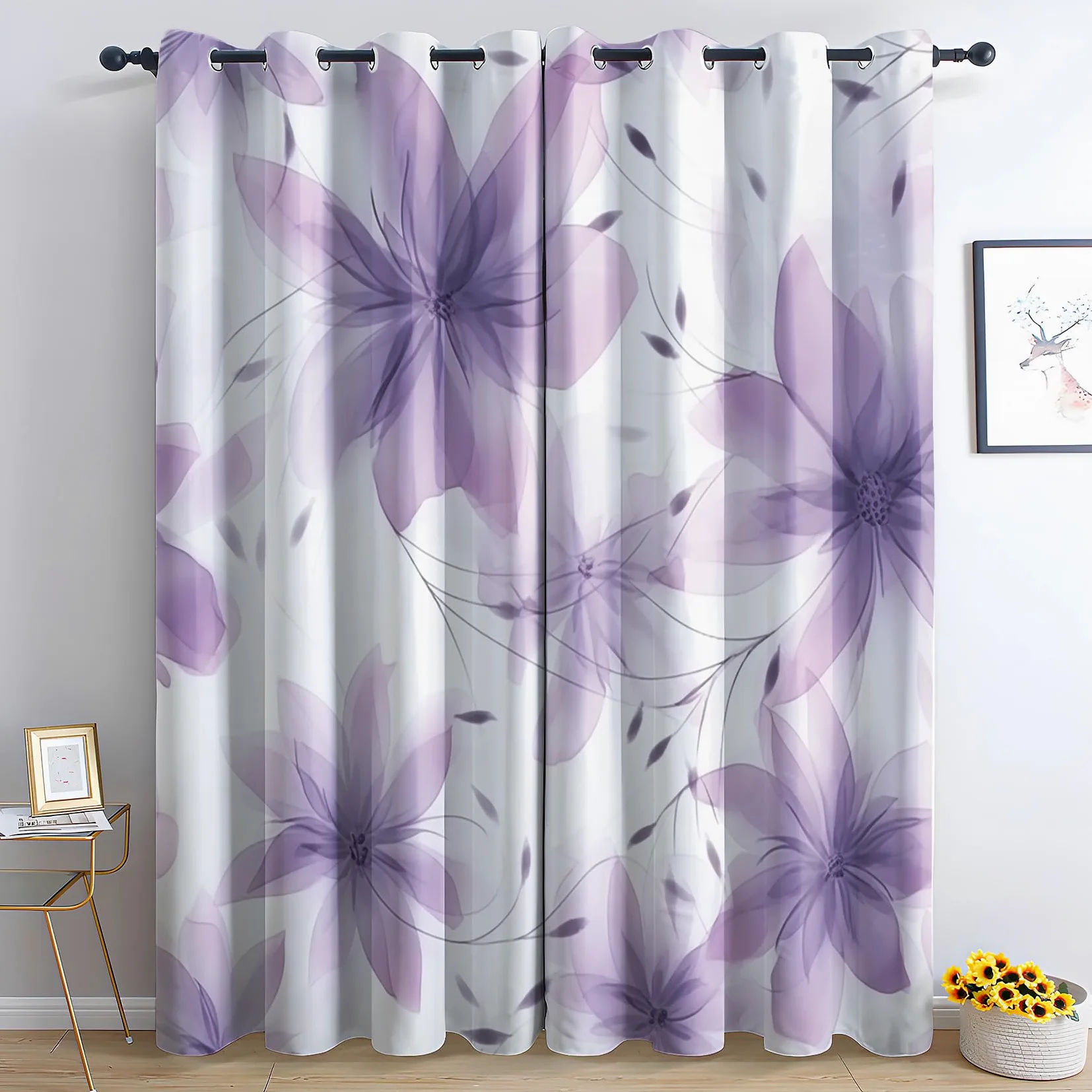 Rideau Occultant Fleurs Violette, Rideaux Thermiques à Oeillets pour Chambre, Motif Floral Rideaux Salon, Moderne Lot de 2 Décoration de Fenêtre pour Enfant Fille Garcon Rideaux 140x160cm LxH