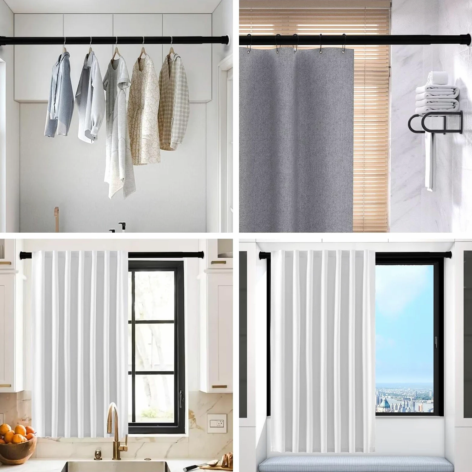 Joydeco Tringle de Rideau Douche Extensible sans Perçage 360cm-410cm, Barre Montage sans Vis en Acier Inoxydable, Diamètre 32mm, Tringle Multifonctionnel pour Salon Chambre Balcon - Noir