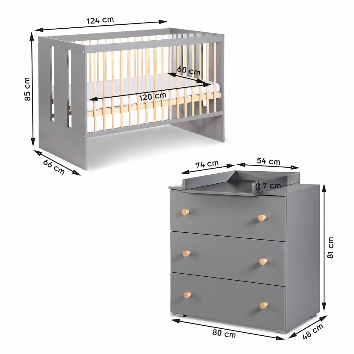 Mon Mobilier Design Pauline Ensemble Commode à Langer + lit bébé Gris/Bois 120x60 cm