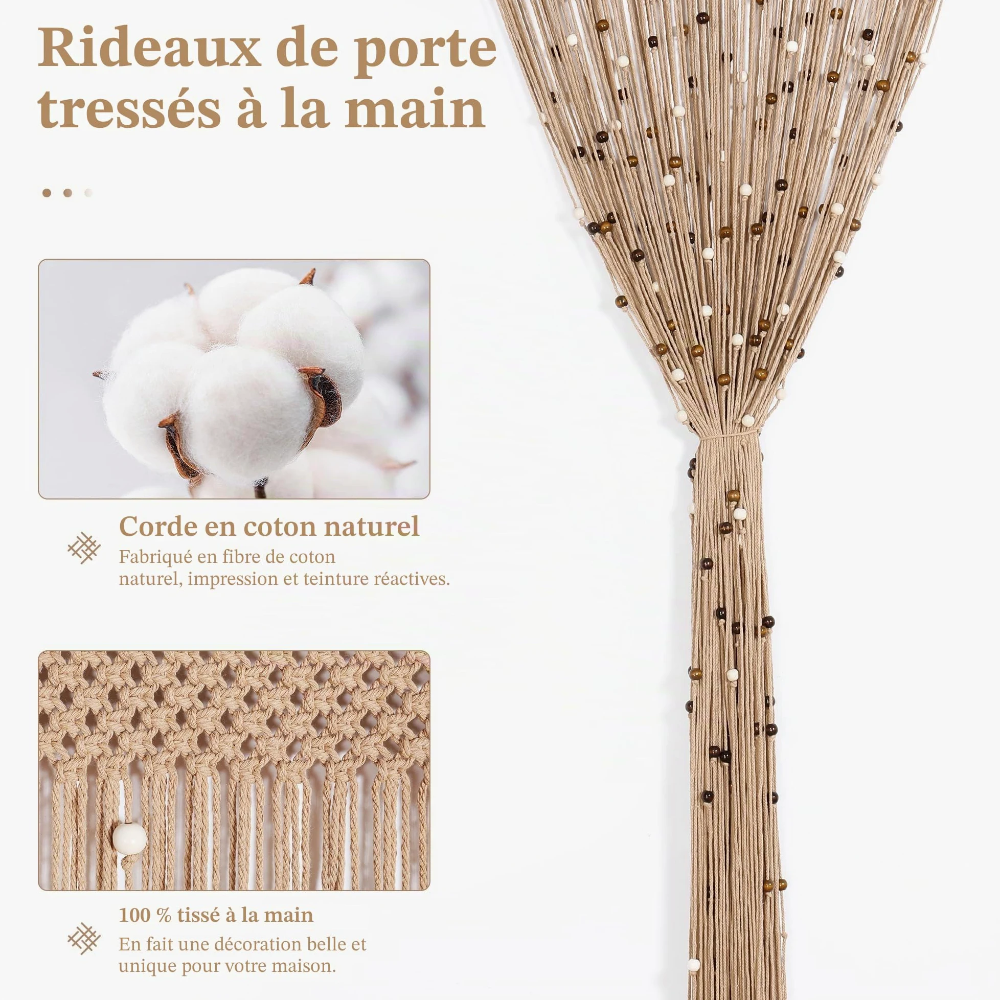 BECHAEO Rideau de perles en macramé fait à la main en coton pour porte, fenêtre, perles en bois et pompons à suspendre, séparateur de pièce, couloir, placard, chambre à coucher, décoration d'intimité,