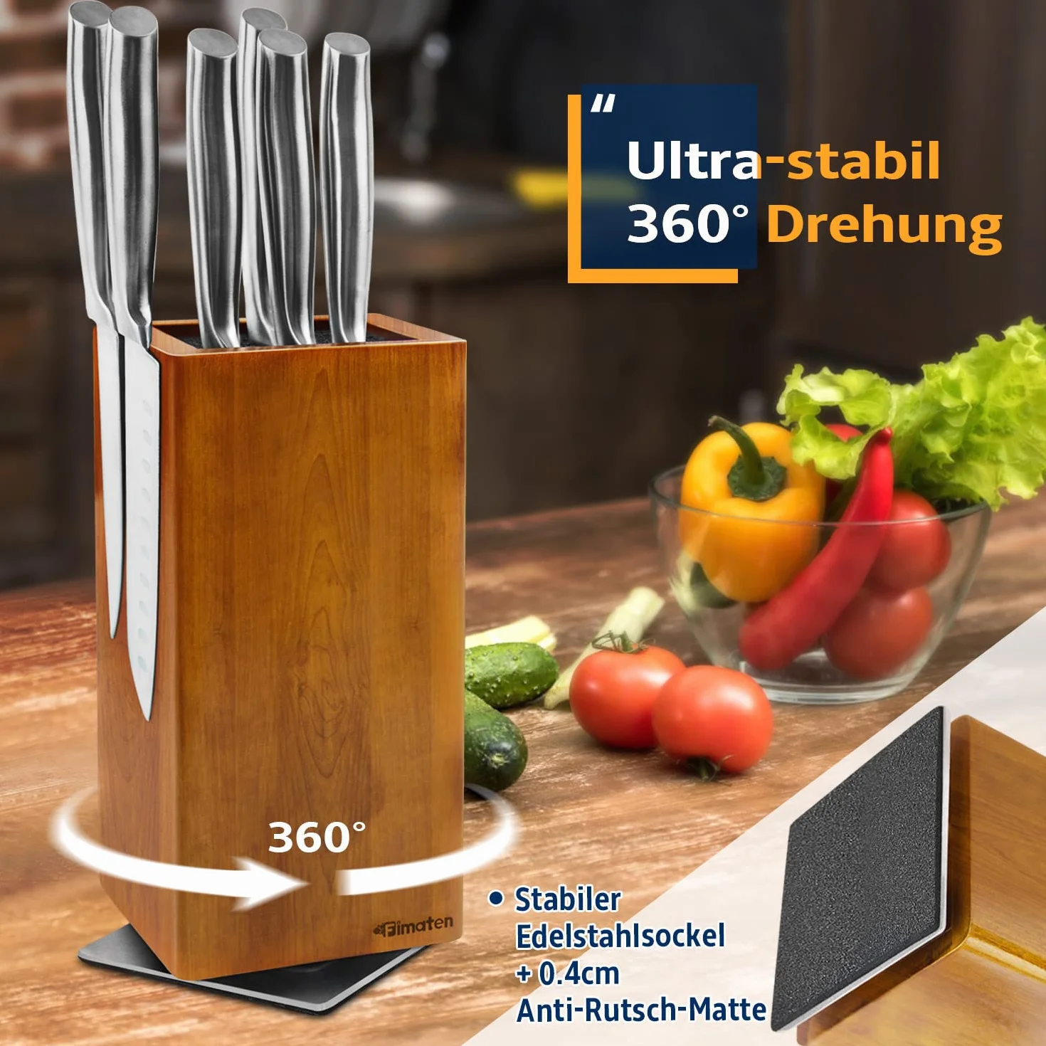 Bloc couteau magnétique en bois d'acacia pivotant 360°, universel, 25x11,5cm