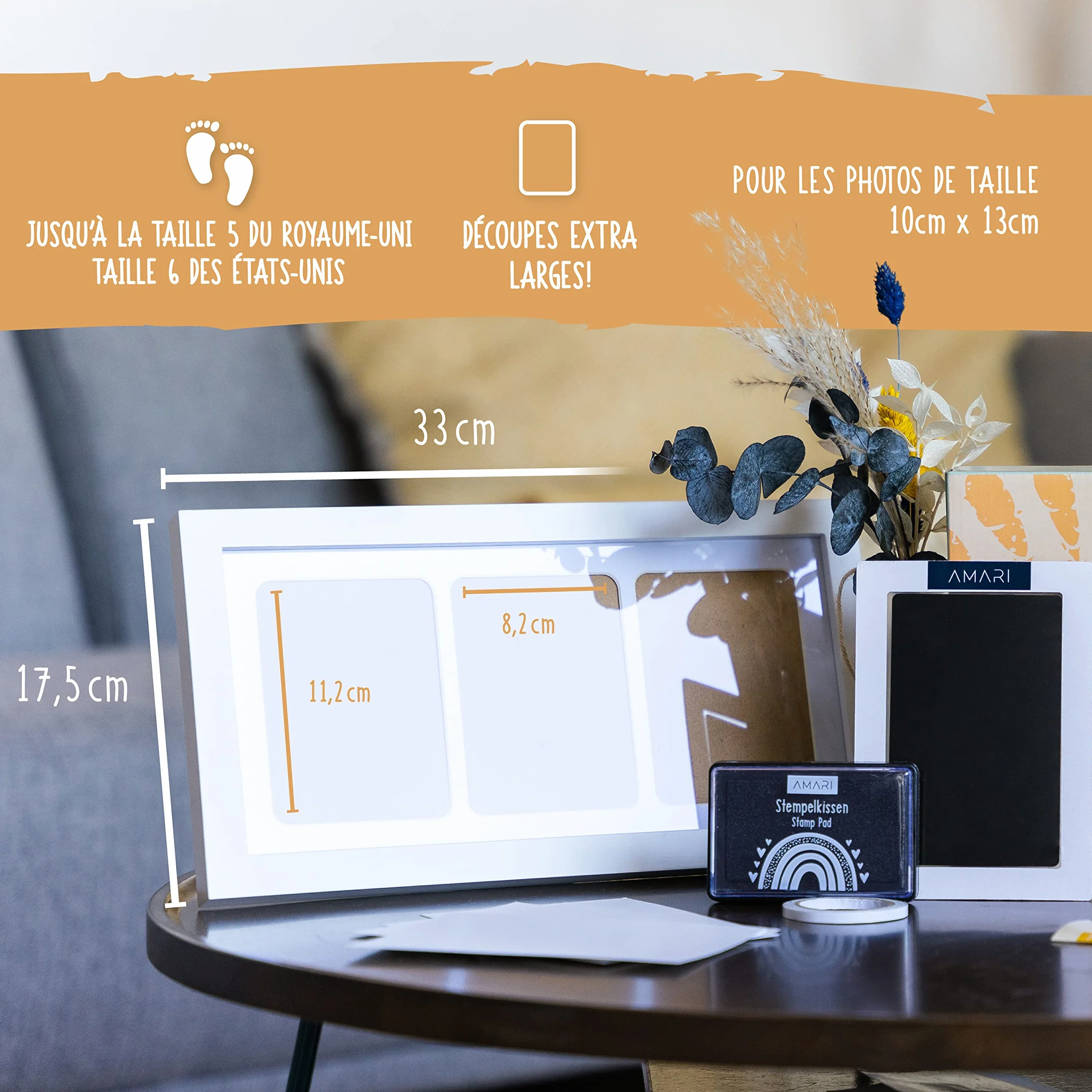 AMARI Set d'empreintes de main et de pied de bébé avec 2 tampons encreurs et 4 cartes d'impression - Kit cadeau bébé
