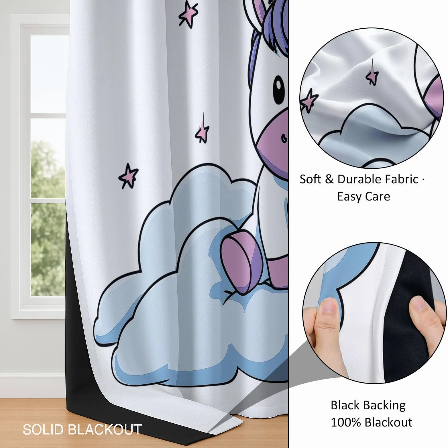Générique Rideaux Opaques en Licorne Nuages Dessin Animé, Rideau Occultant en Polyester Blanc, Rideaux Thermique Isolant Anti-Froid Décoration de Fenêtre pour Salon Chambre Lot de 2 110L x 215H cm