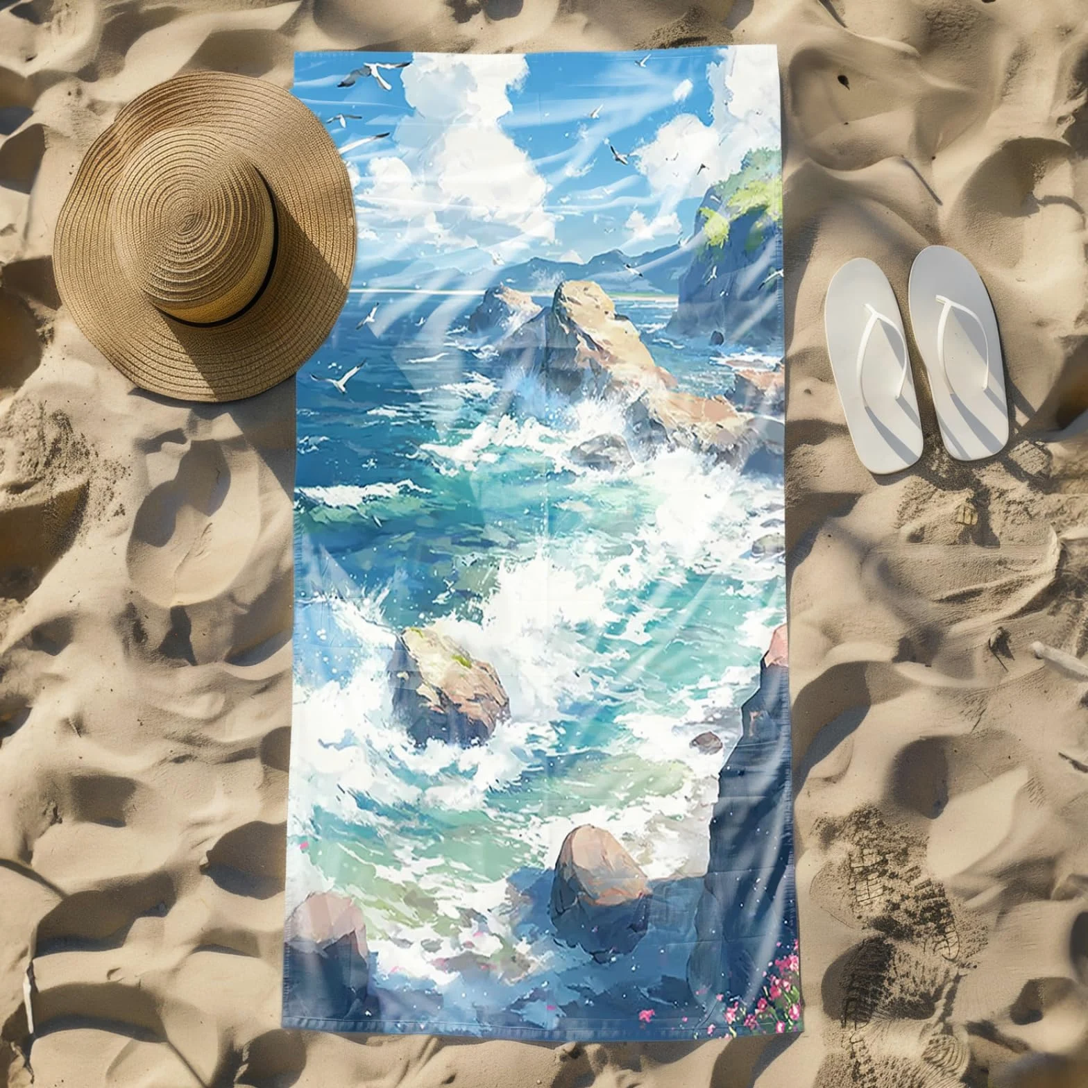 Tapis de Plage XXL Anti Sable Plage Seagull Bleu Serviette Piscine Adulte,Natte De Plage Pliable, Voyage Accessoires De Plage Camping,Serviette de Bain Personnalisée