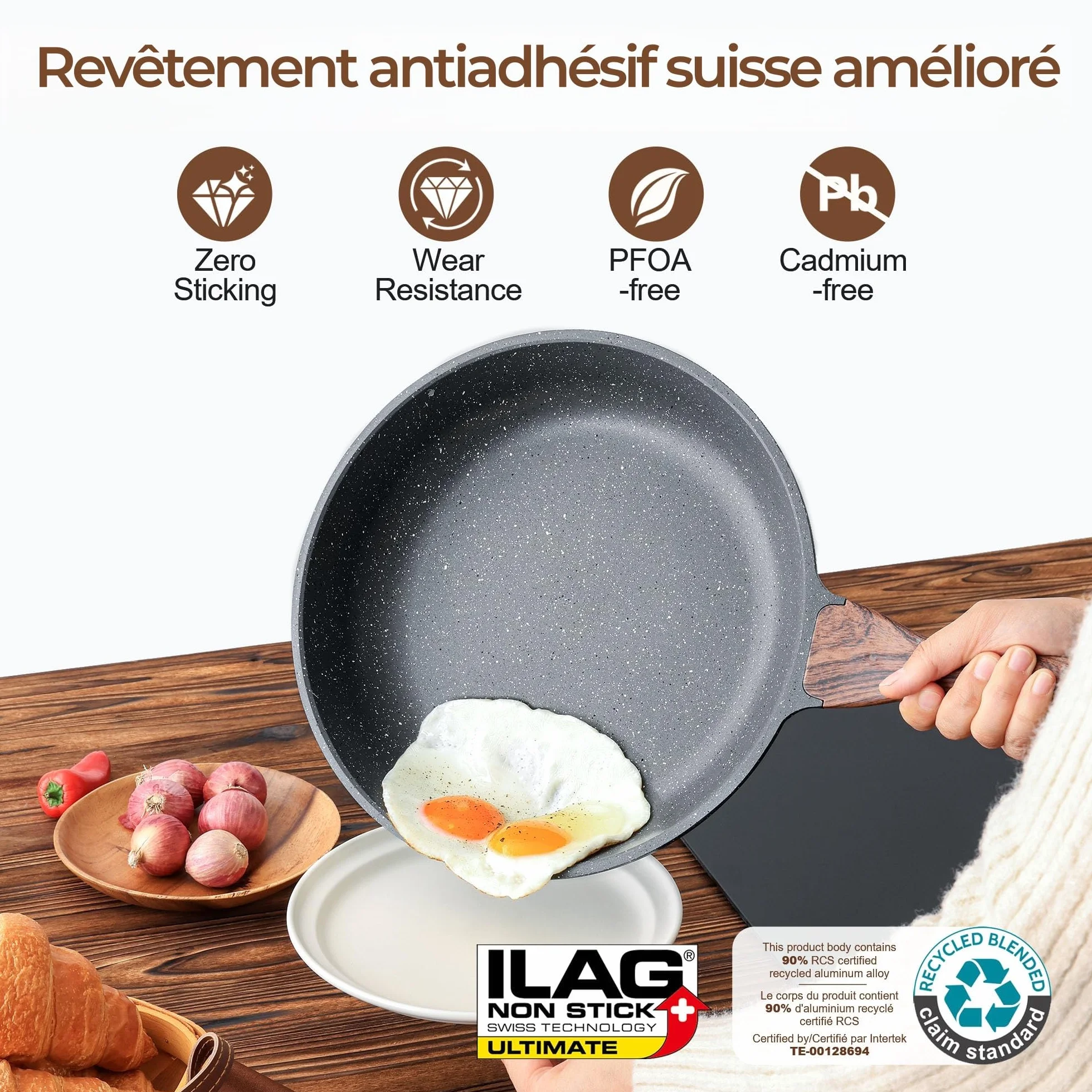 SENSARTE Poêle 24 cm Revêtement Granit Antiadhésif Induction Manche Froid Lave-Vaisselle
