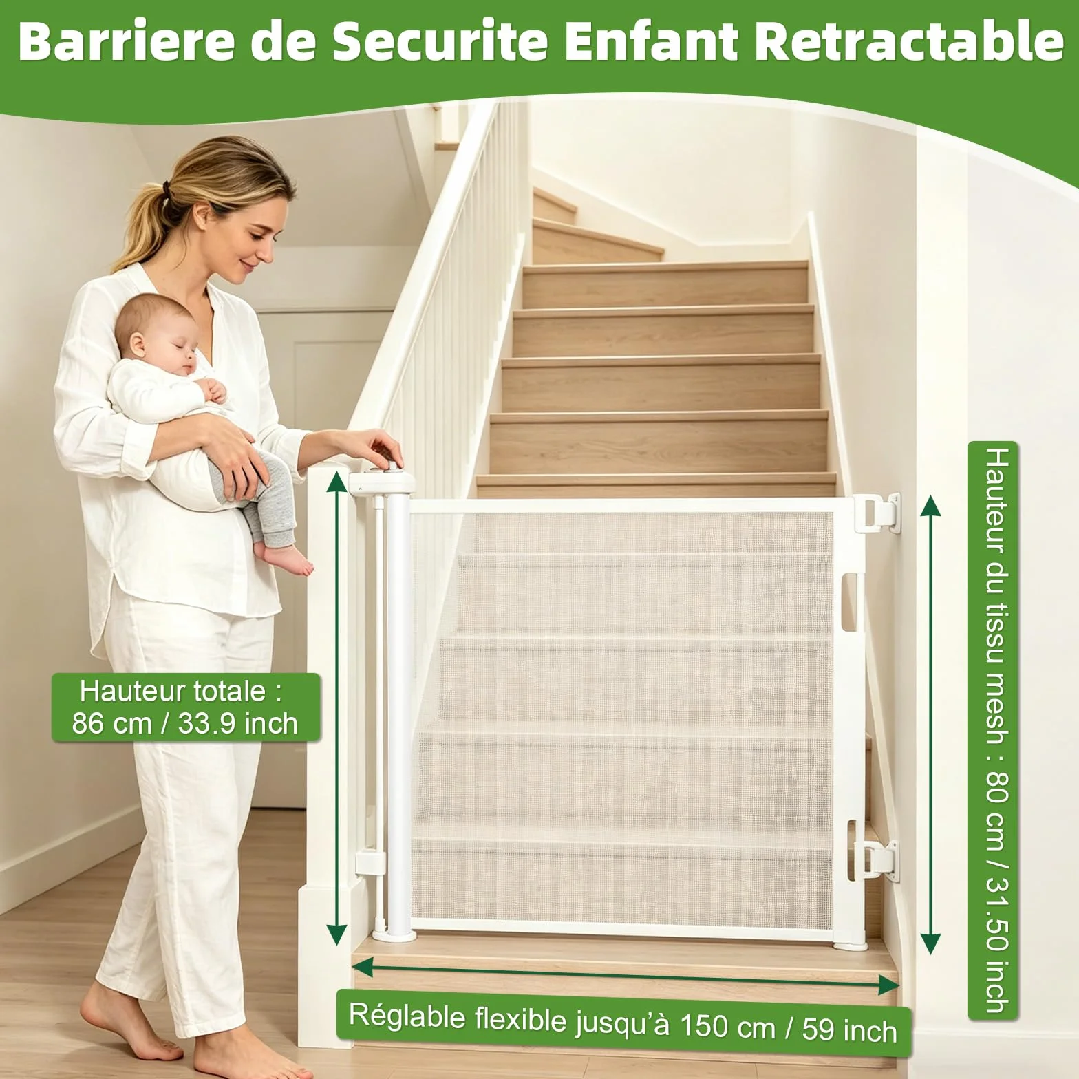 Barrière de Sécurité Rétractable pour Bébé 0-150 cm, Adaptée aux Escaliers, Couloirs, Intérieur et Extérieur (Blanc)