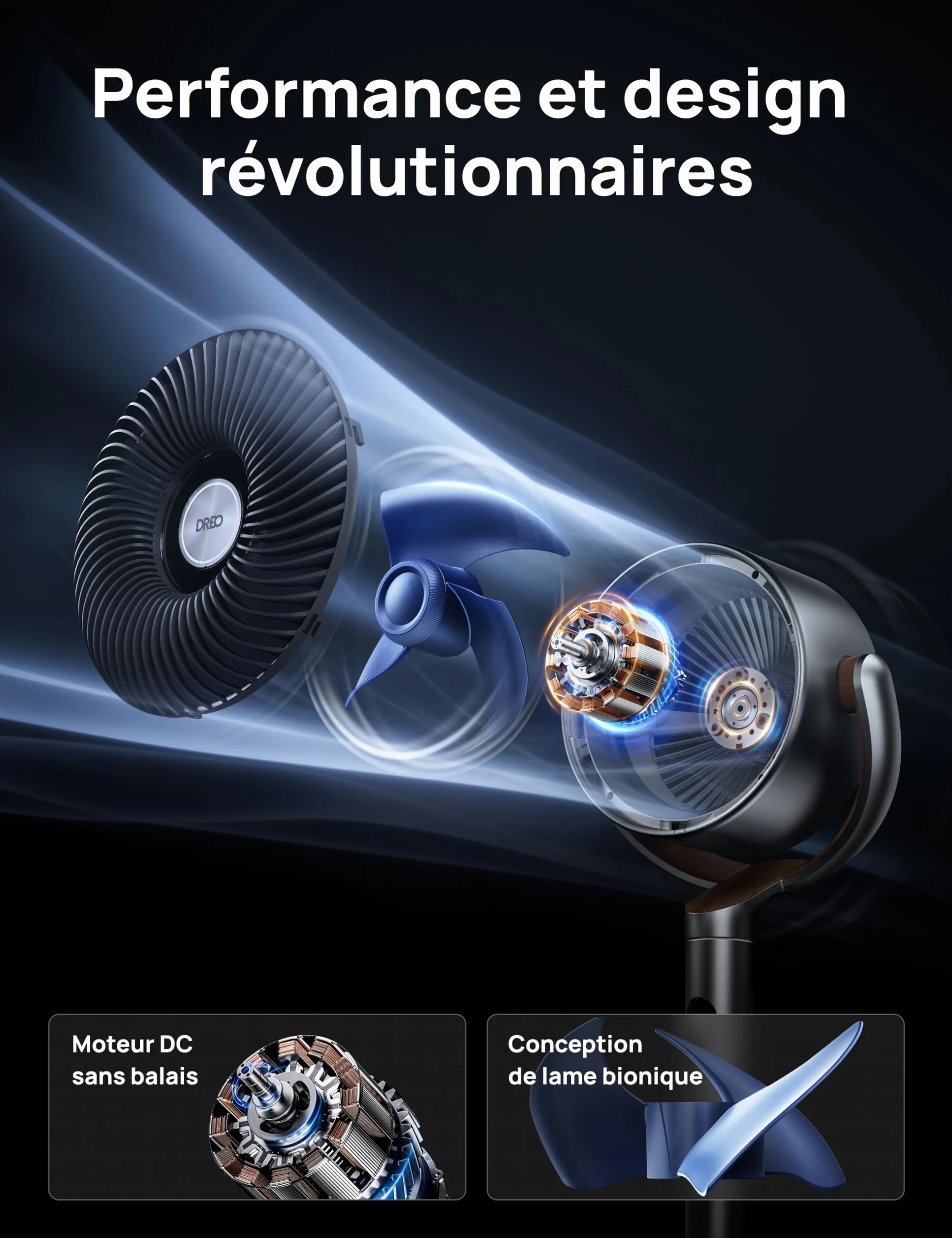 DREO ventilateur sur pied silencieux 23dB 1200m³/h 24M circulateur turbo PolyFan 502