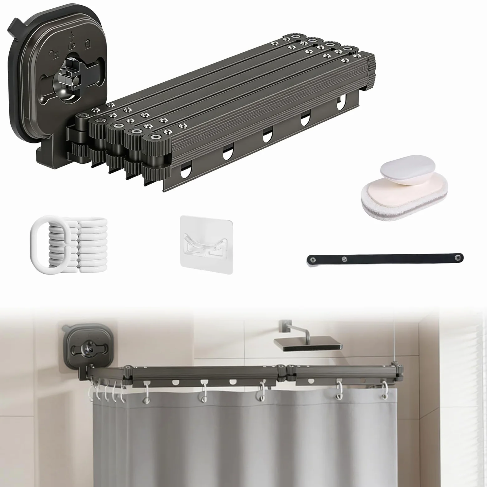 Rideau De Douche Sans Perçage Avec Ventouse, Forme L/U, 5 Plis, 1,8 x 2 m | Ventouse Puissante,Tringle Rideau Douche Pliable Anneaux Pour Douches D'Angle,Barre Douche Angle RéGlable/Extensible Gris