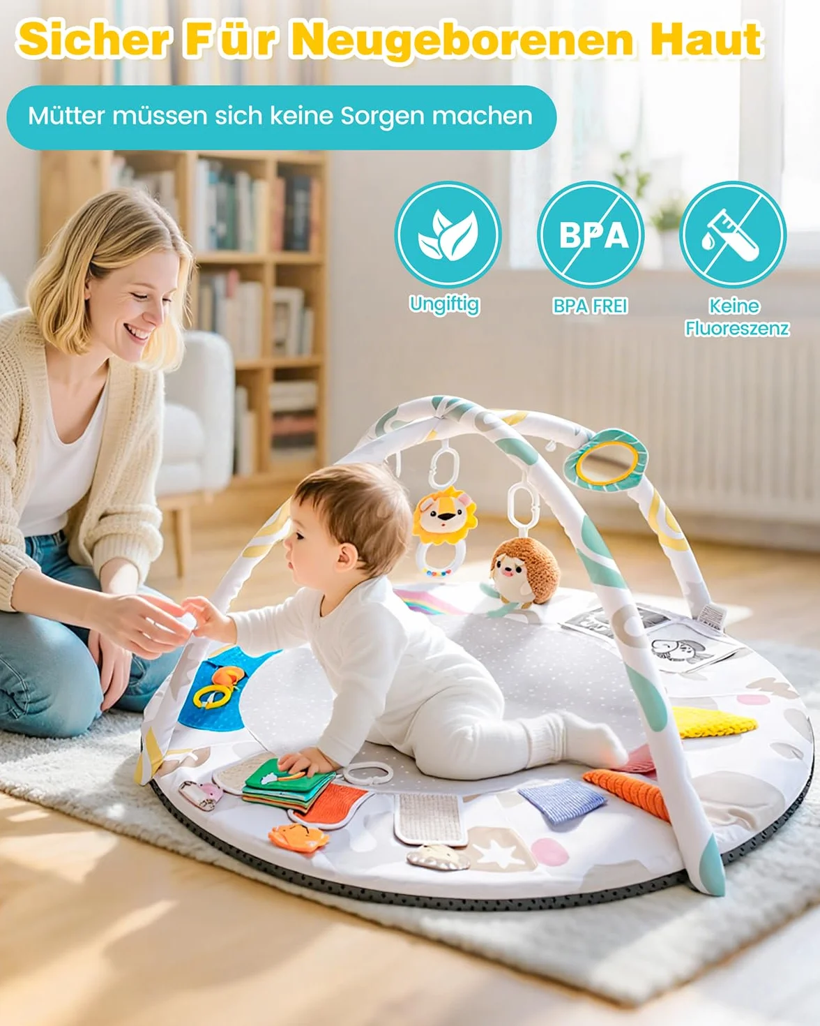 Tapis d'Éveil Bébé avec Arche Amovible, Jeux Sensoriels Montessori, 5 Jouets Suspendus 0-12 Mois