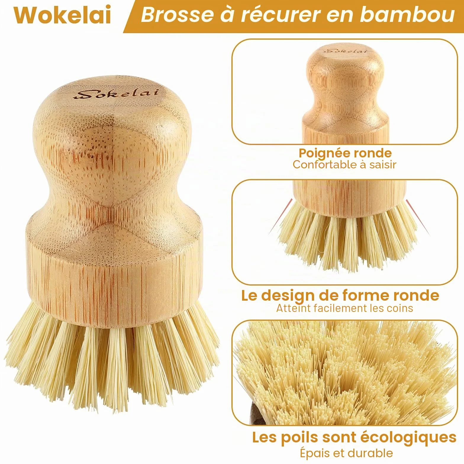 Brosse à vaisselle en bambou fibre de sisal naturel cuisine vaisselle casseroles poêles