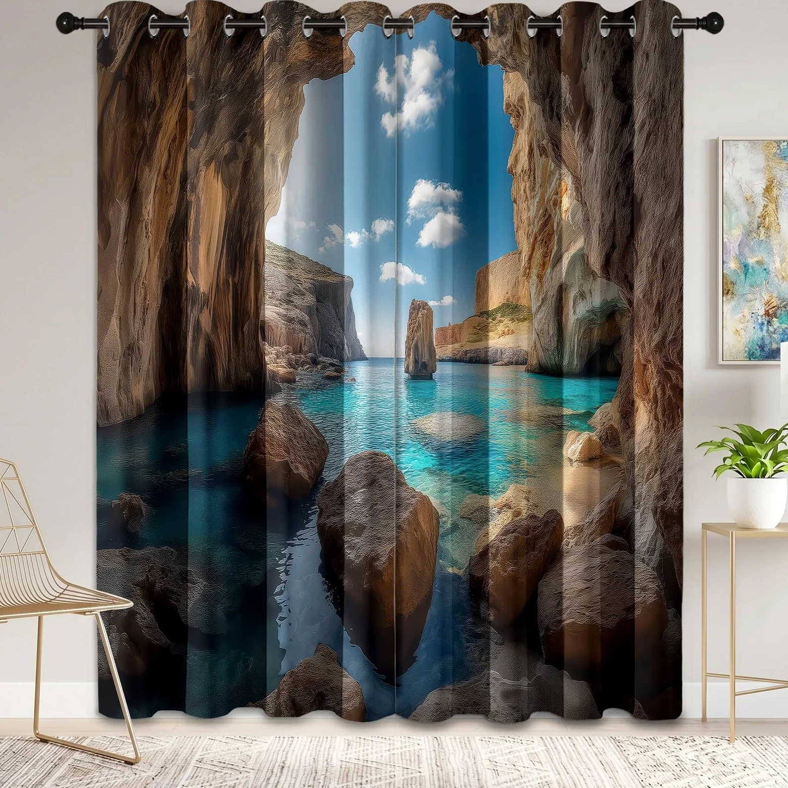 Générique Rideau Occultant Paysage Naturel à Oeillets, Rideaux Thermiques Isolants pour Salon, Grottes Rochers Vagues Nuages Imprimé 3D, Lot de 2 Panneaux 140 X 260 cm (LxH), Décoration de Chambre