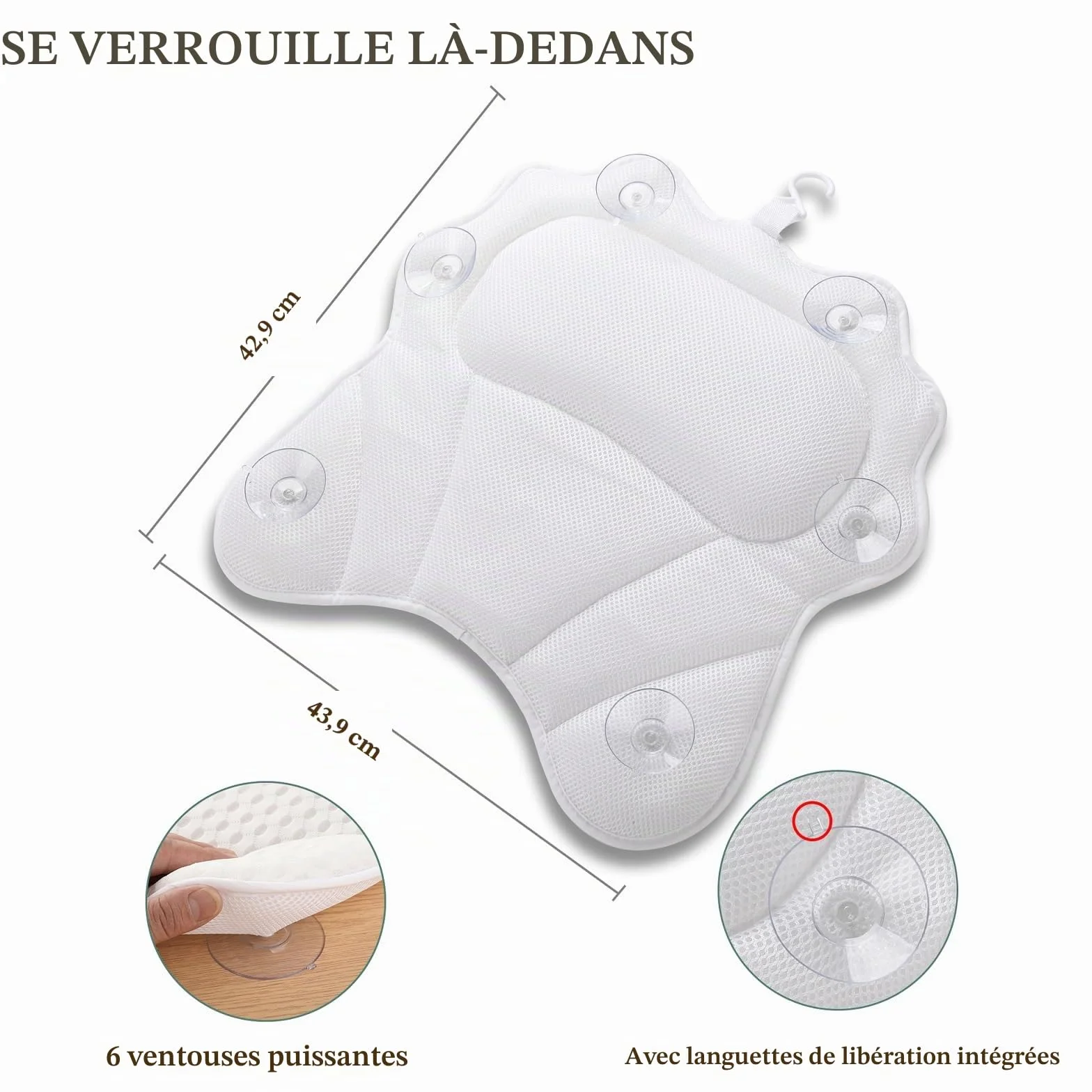 Oreiller de Bain Ergonomique 4D avec Ventouses Puissantes pour Baignoire et Spa
