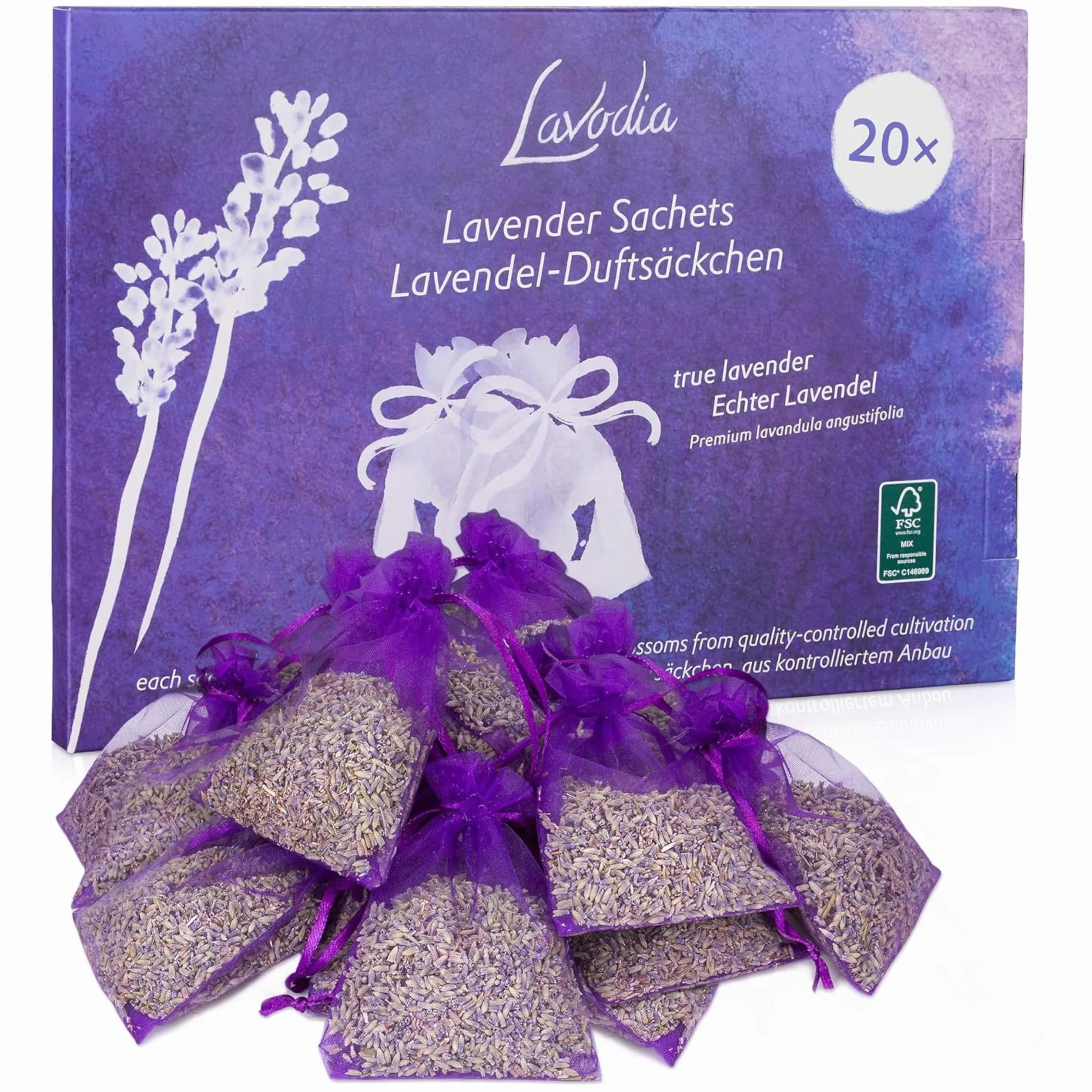 LAVODIA Sachets Parfumés Lavande 20x6g Désodorisant pour Armoire et Voiture